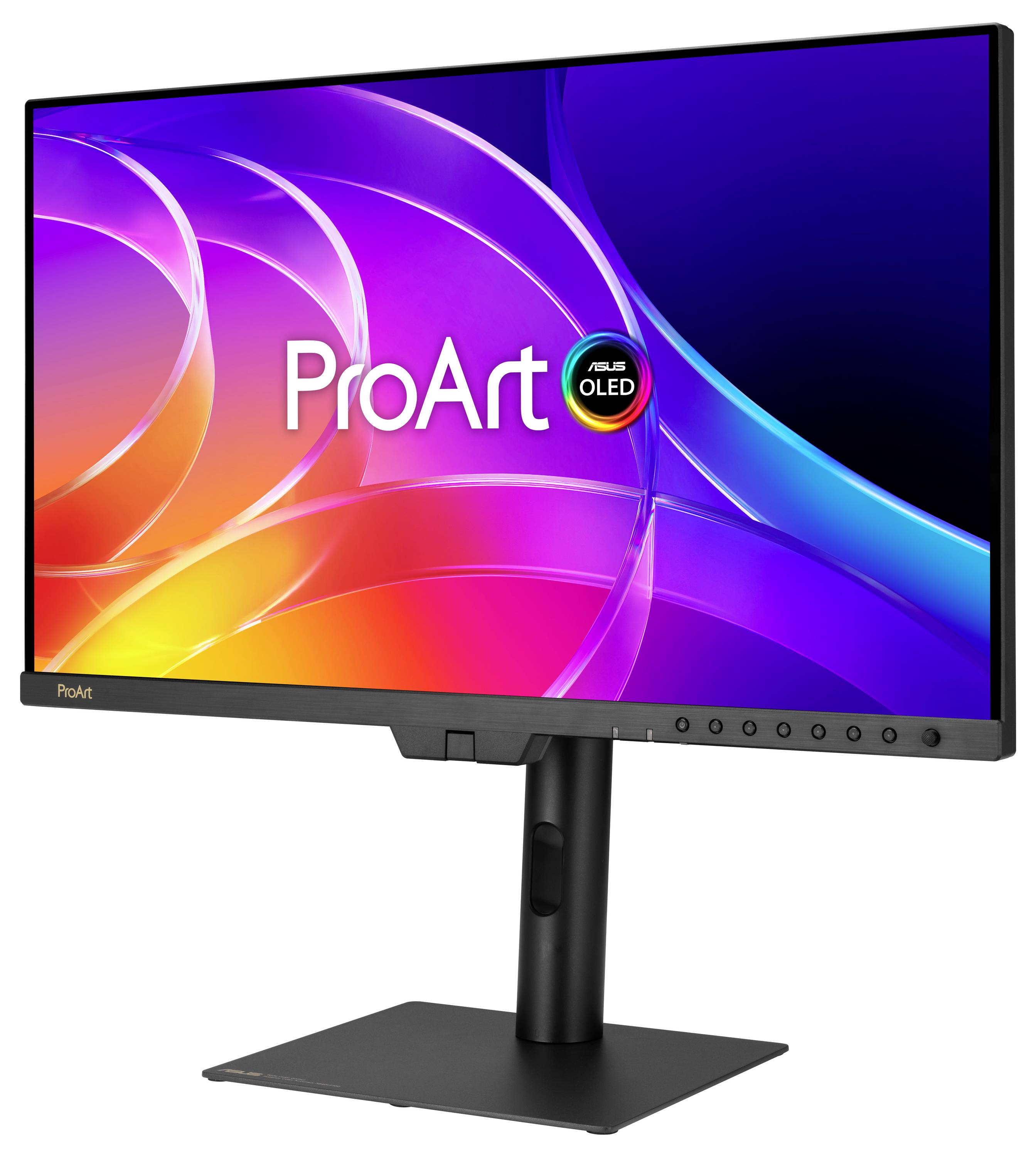 ASUS ProArt OLED počítačový monitor na stojanu, zobrazující barevnou abstraktní obrazovku s brandingem "ProArt".