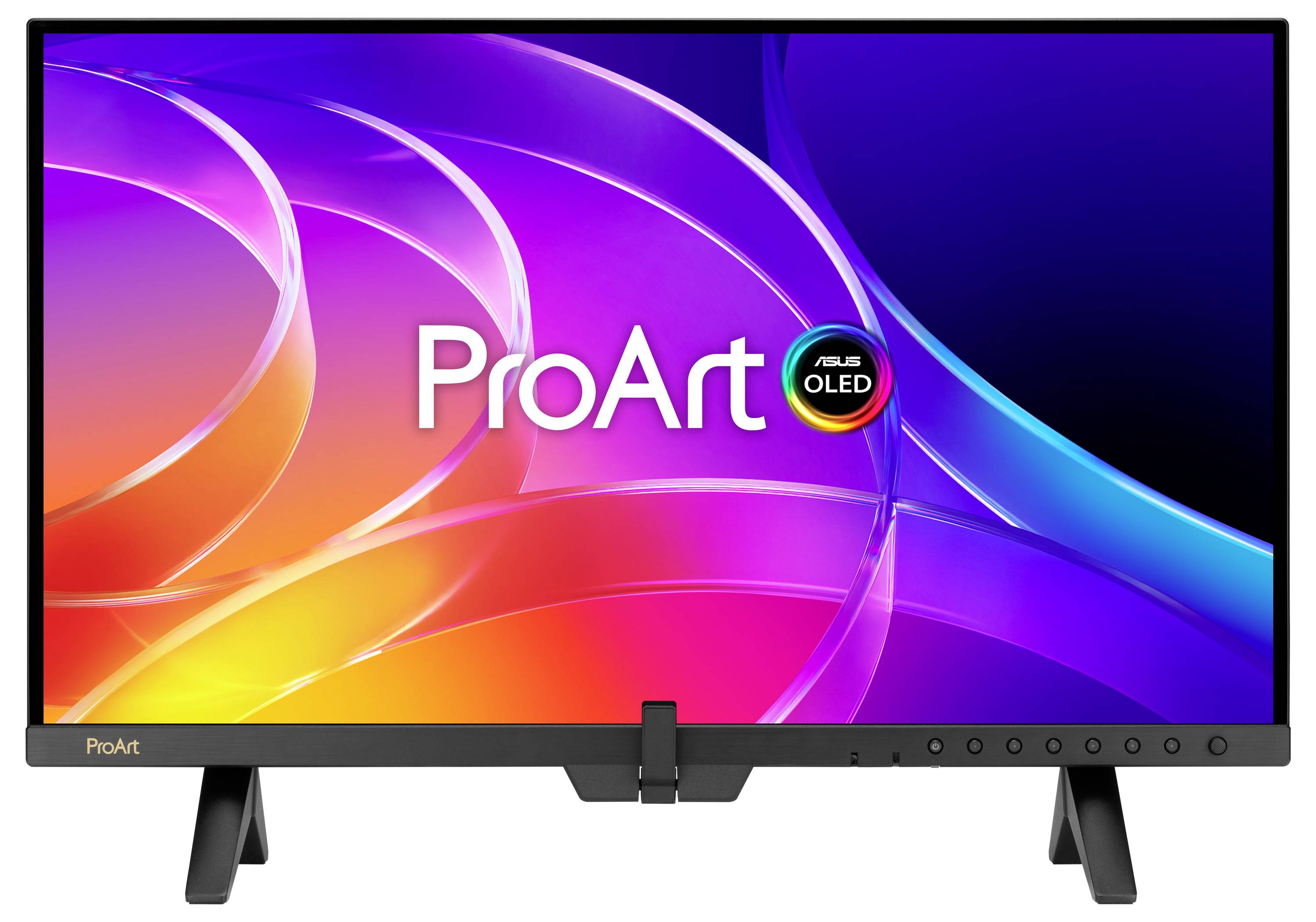 ASUS ProArt OLED monitor s barevným abstraktním zobrazením, logo centrované na obrazovce a tmavý rámeček s podstavcem.