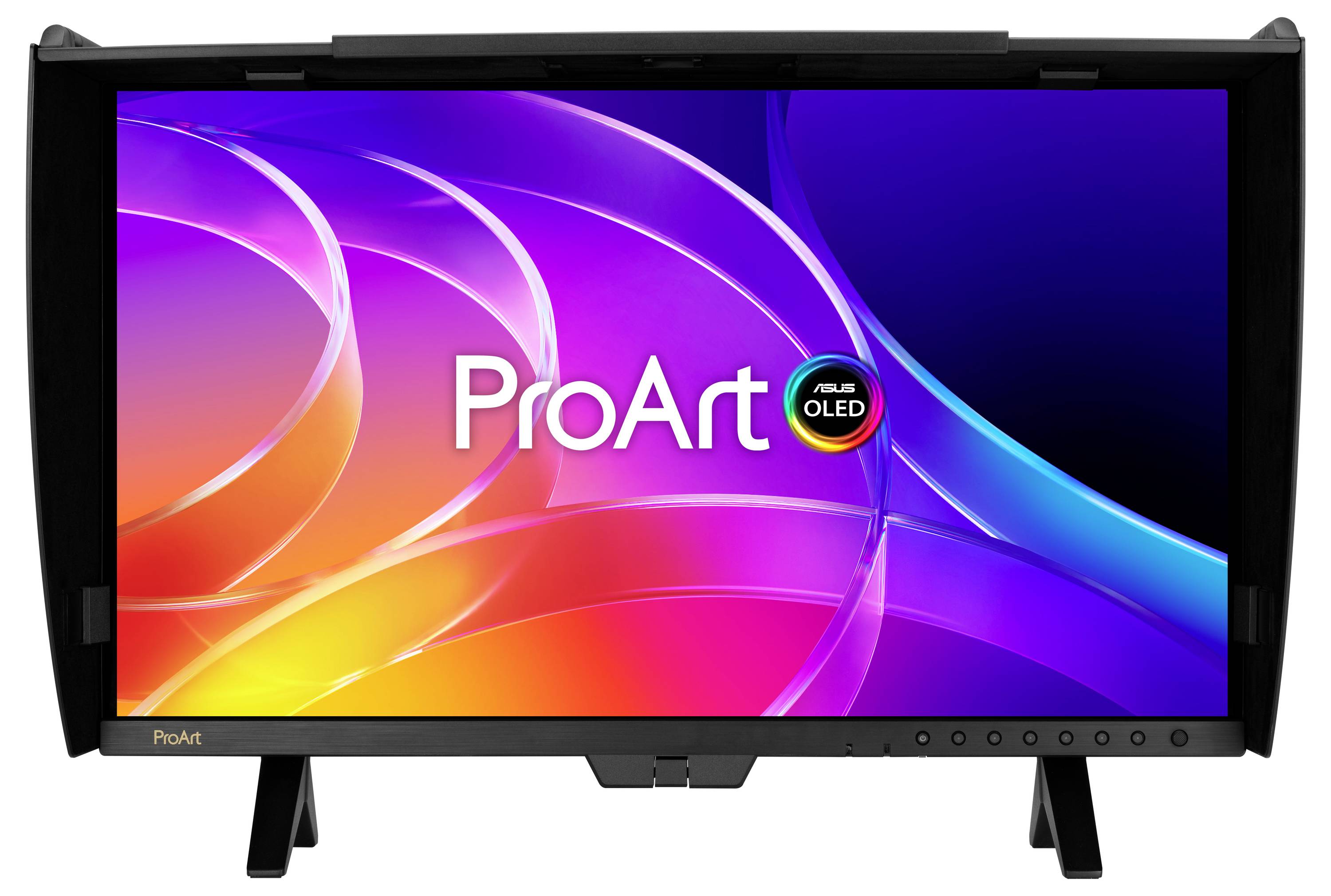 Přední pohled na ASUS ProArt OLED monitor s barevným abstraktním gradientem displeje a brandingem "ProArt".