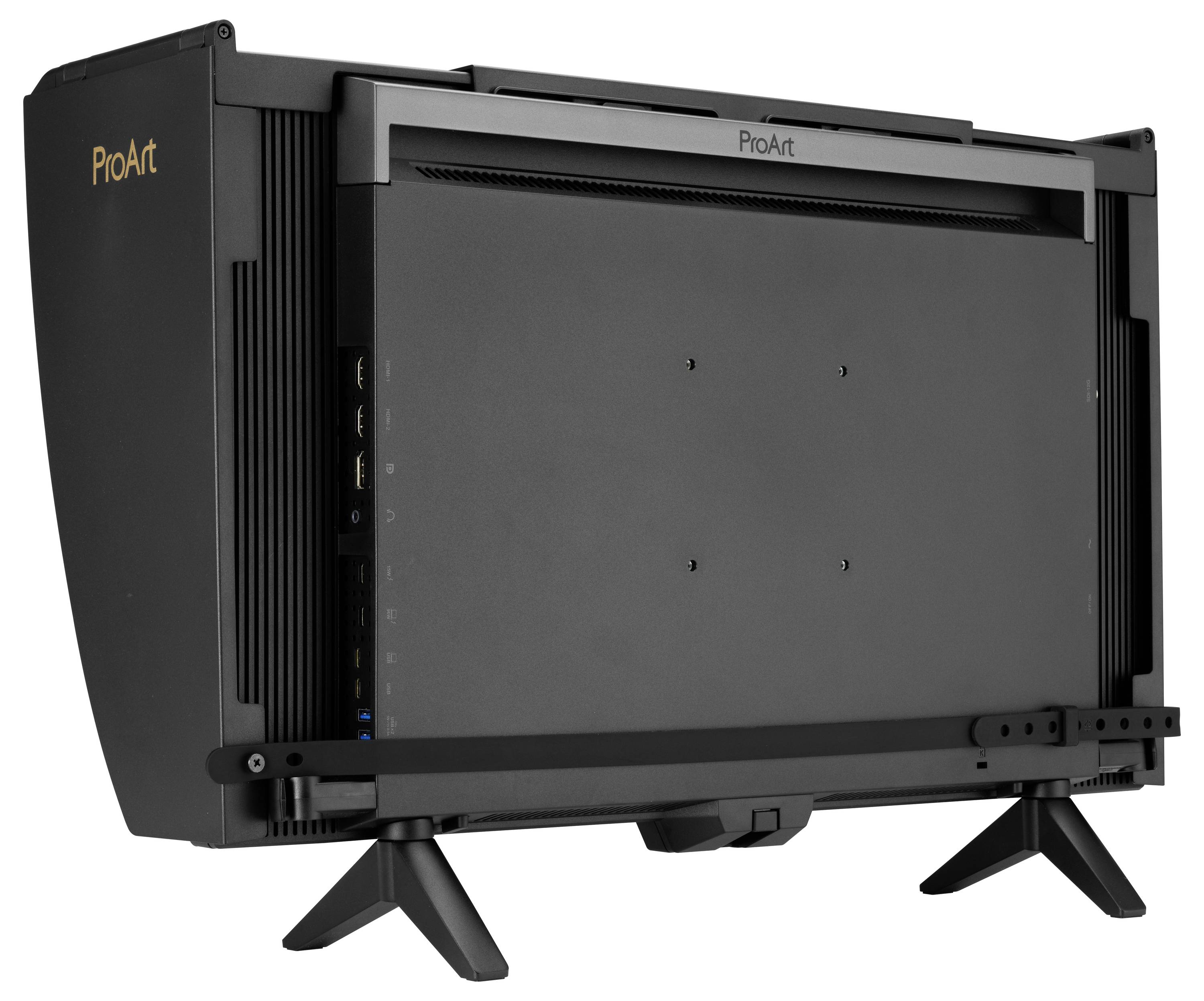 Zadní pohled na monitor ProArt na stojanu, zobrazující zadní panel, porty a monitorovací plochu na bílém pozadí.