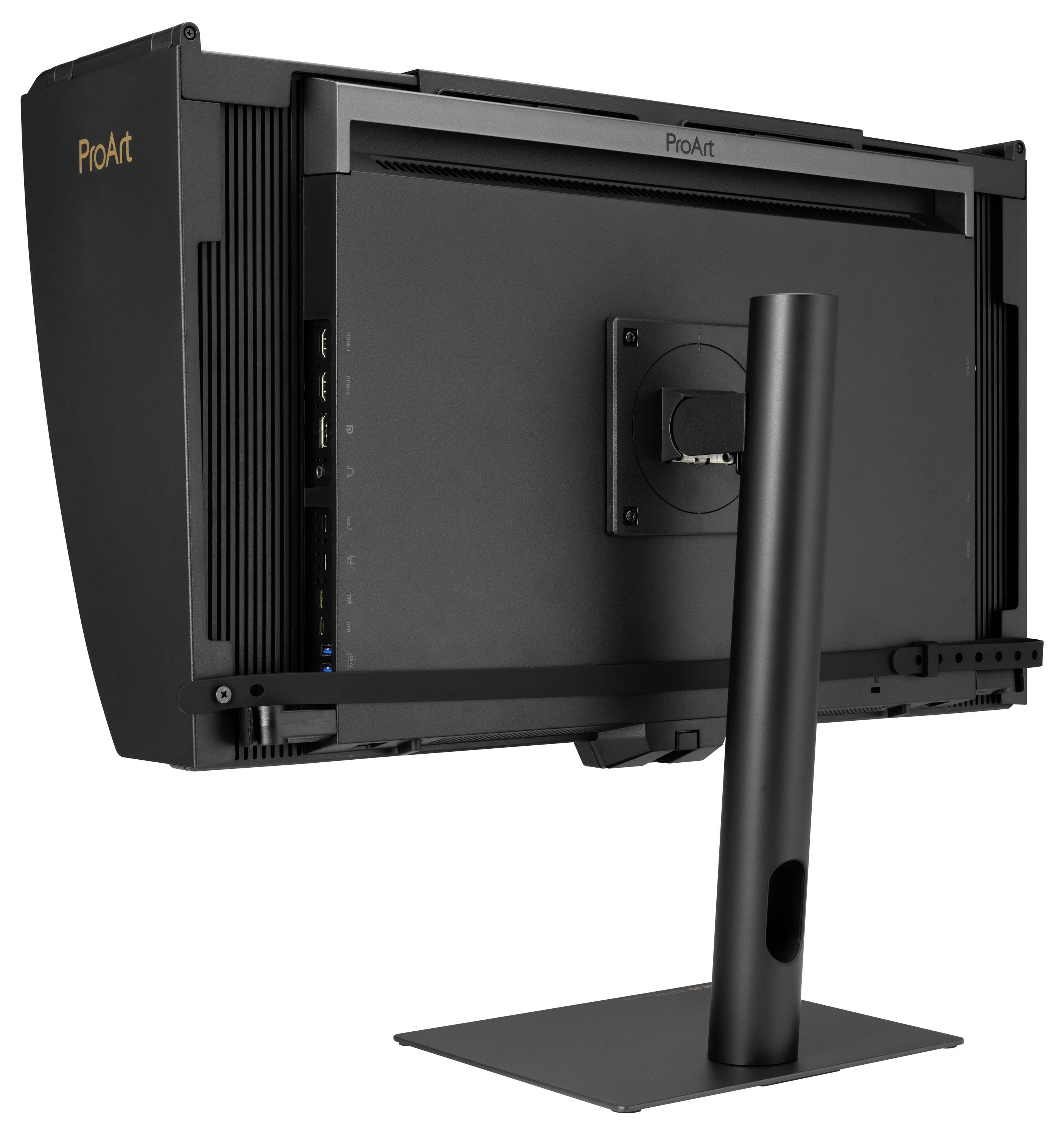 Zadní pohled na monitor ProArt na stojanu, ukazující zadní panel, montážní držák a design správy kabelů.
