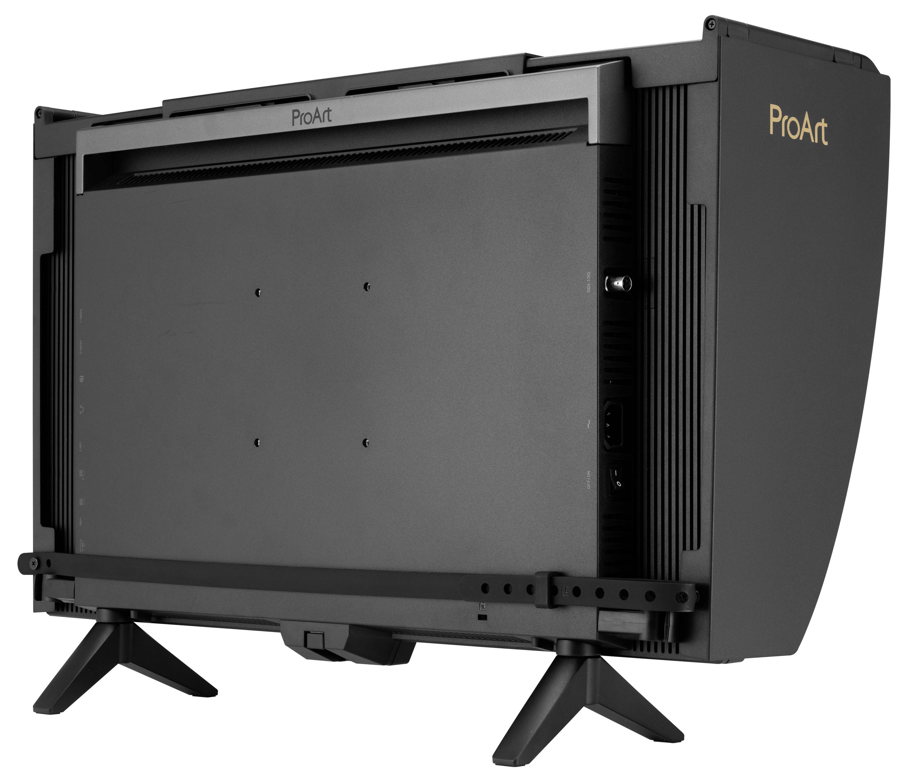 Zadní pohled na černý monitor ASUS ProArt na dvou nožičkách stojanu, zobrazující zadní panel a porty.