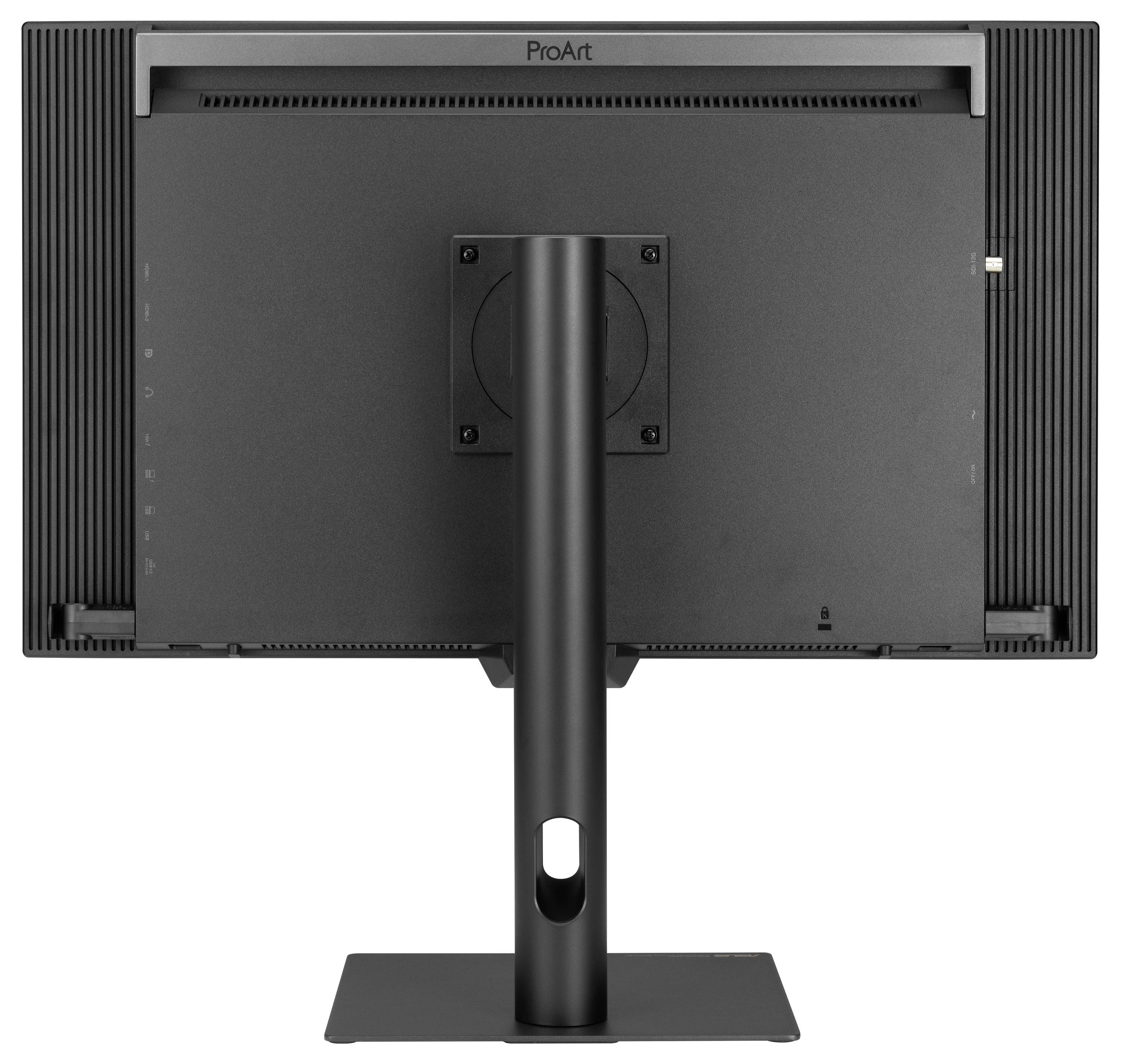 Zadní pohled na počítačový monitor ProArt na podstavci, ukazující centrální montážní desku, otvor pro správu kabelů a větrané okraje.