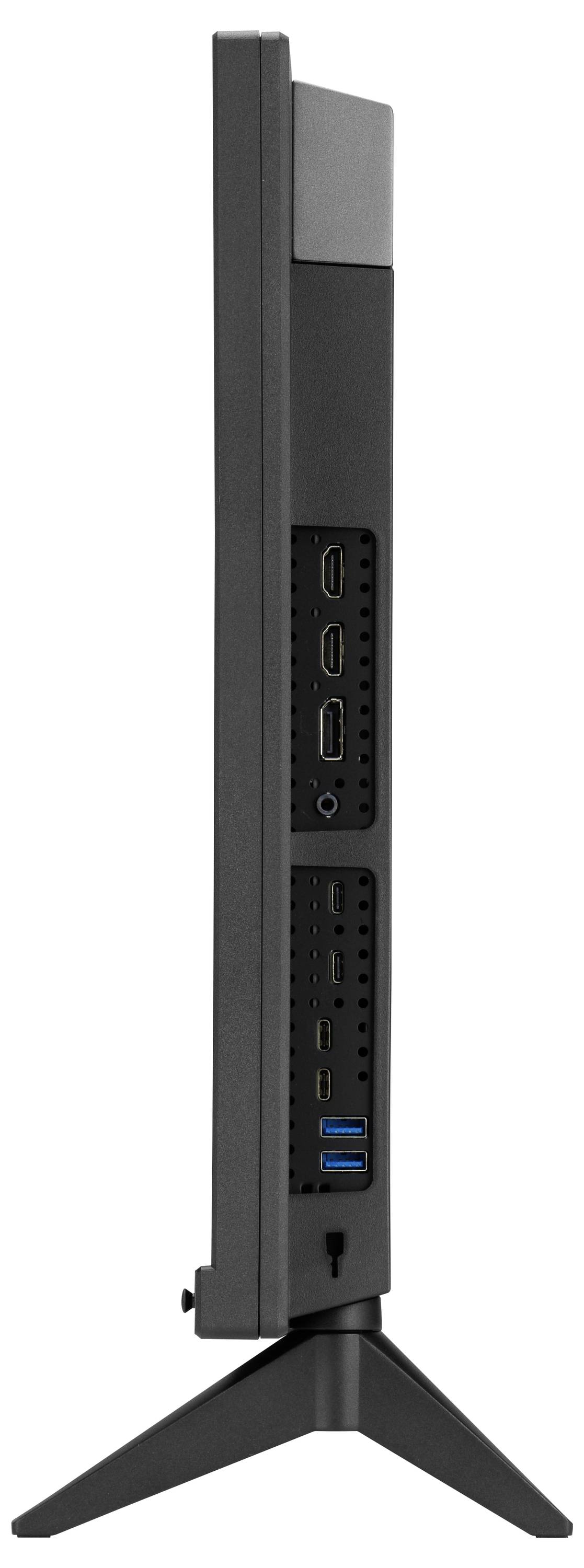 Boční pohled na černou počítačovou mini věž na stojanu, zobrazující přední porty včetně více USB portů a audio jacků.