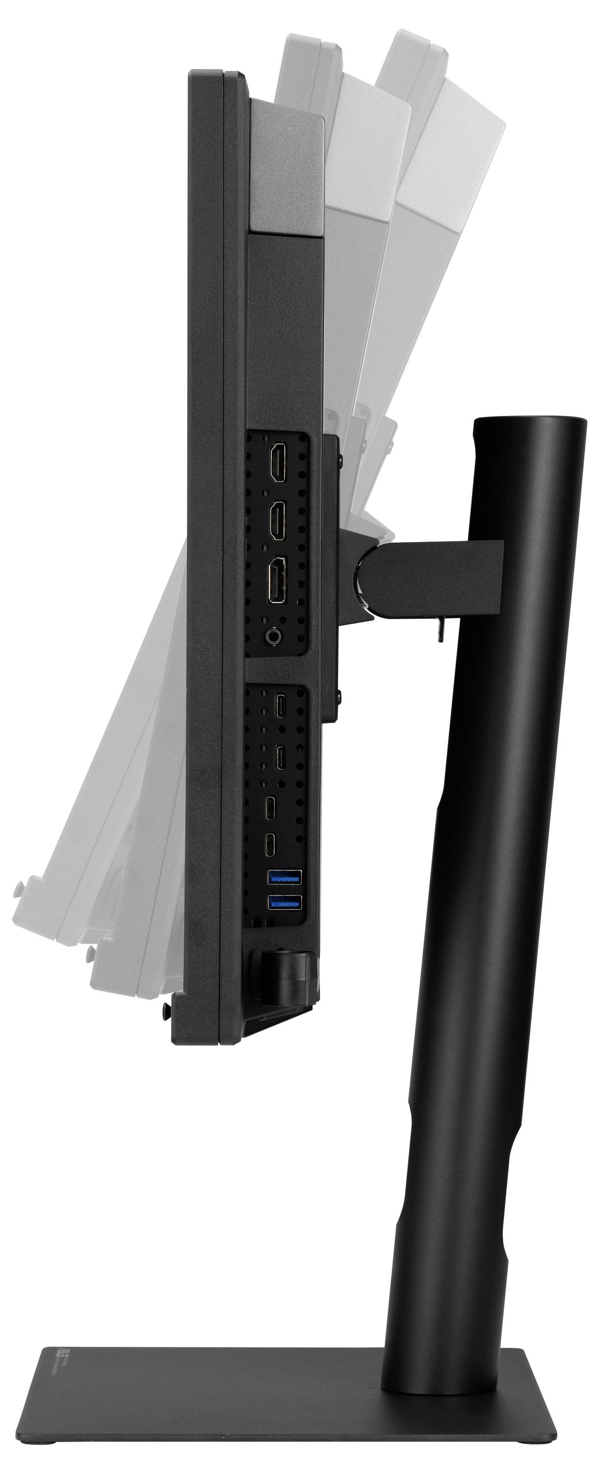 Pohled ze strany na stolní monitor na stojanu, který ukazuje více nastavitelných pozic se závěsným mechanismem pro sklopení nebo otočení obrazovky.