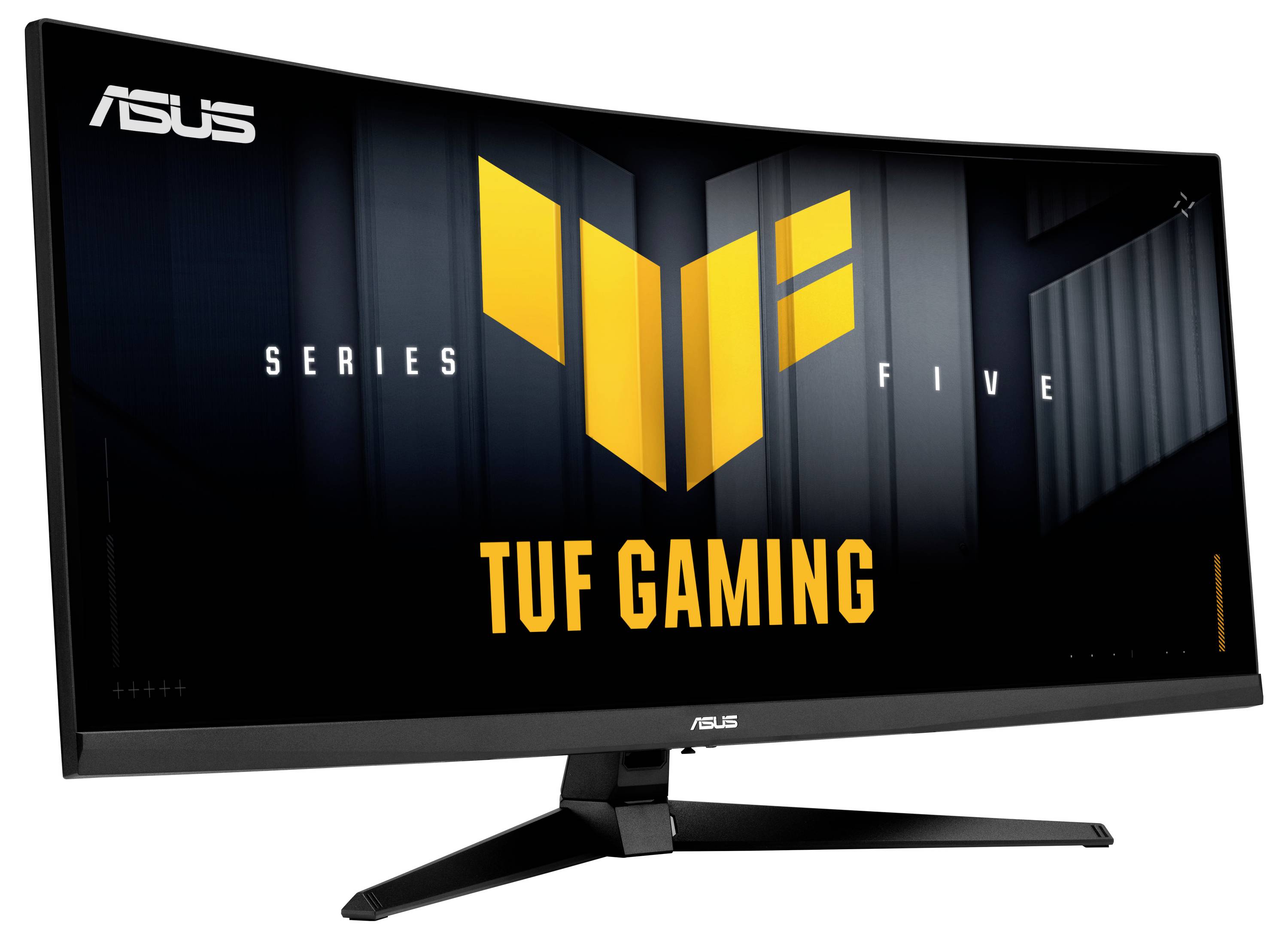 Monitor ASUS TUF Gaming Series 5 zobrazený zepředu s černou obrazovkou zobrazující žluté logo a slova 'TUF GAMING' a 'SERIES FIVE'.