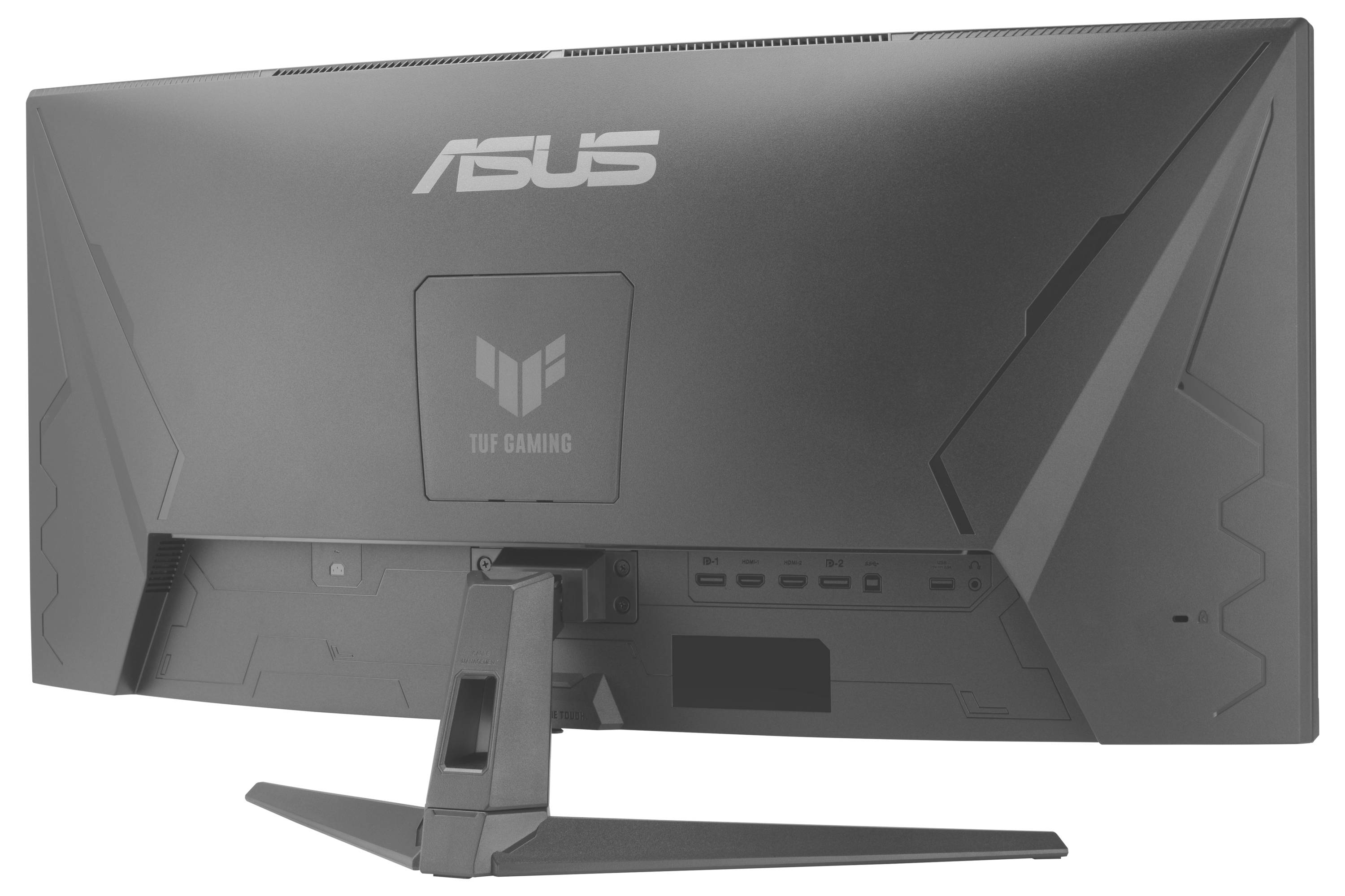 Pohled zezadu na herní monitor ASUS TUF Gaming na stojanu, zobrazující logo, skloněný design panelu a zadní porty.