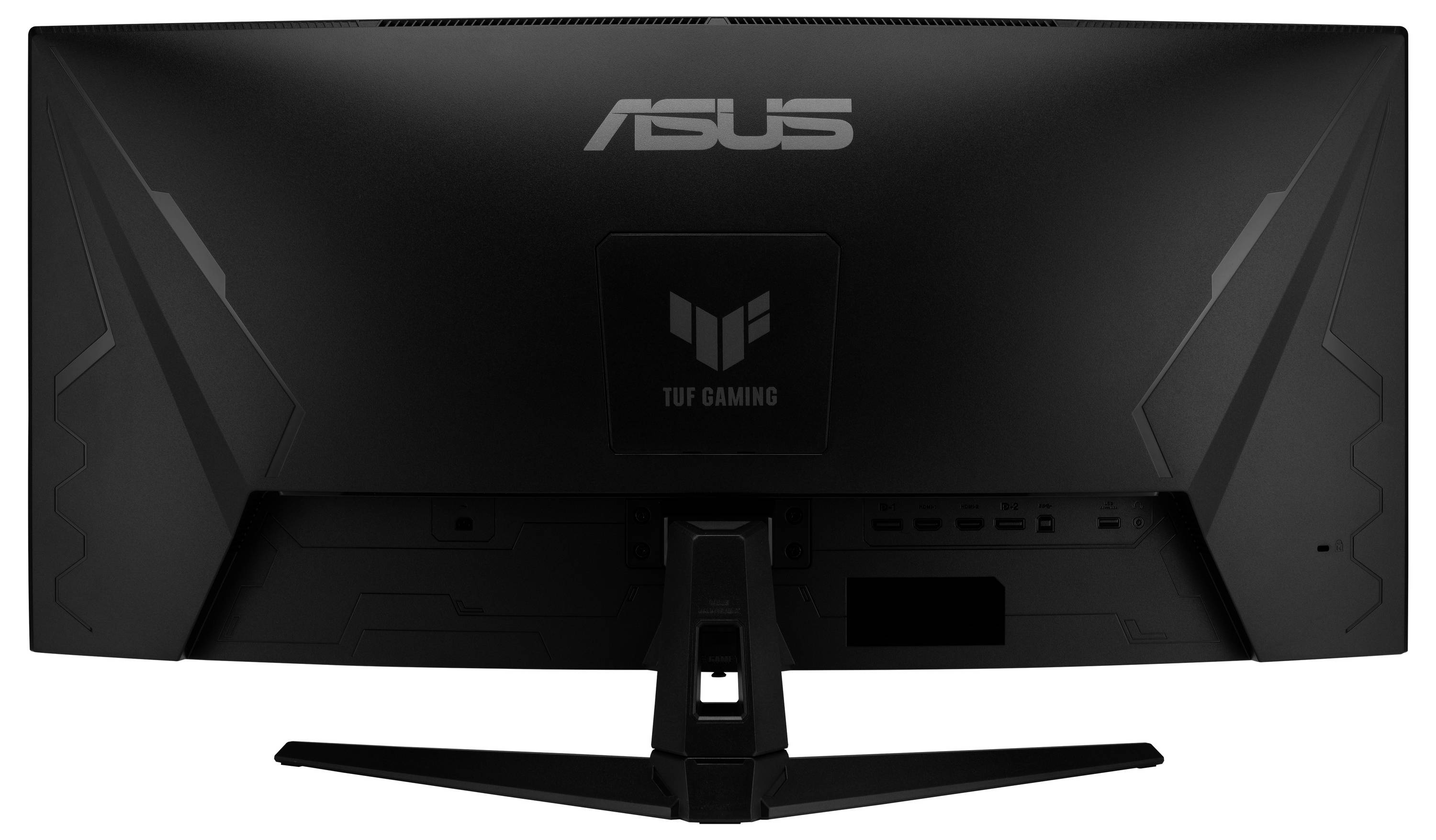Zadní pohled na herní monitor ASUS TUF s černým úhlovaným zadním dílem, středovým stojanem a viditelnými zadními porty.