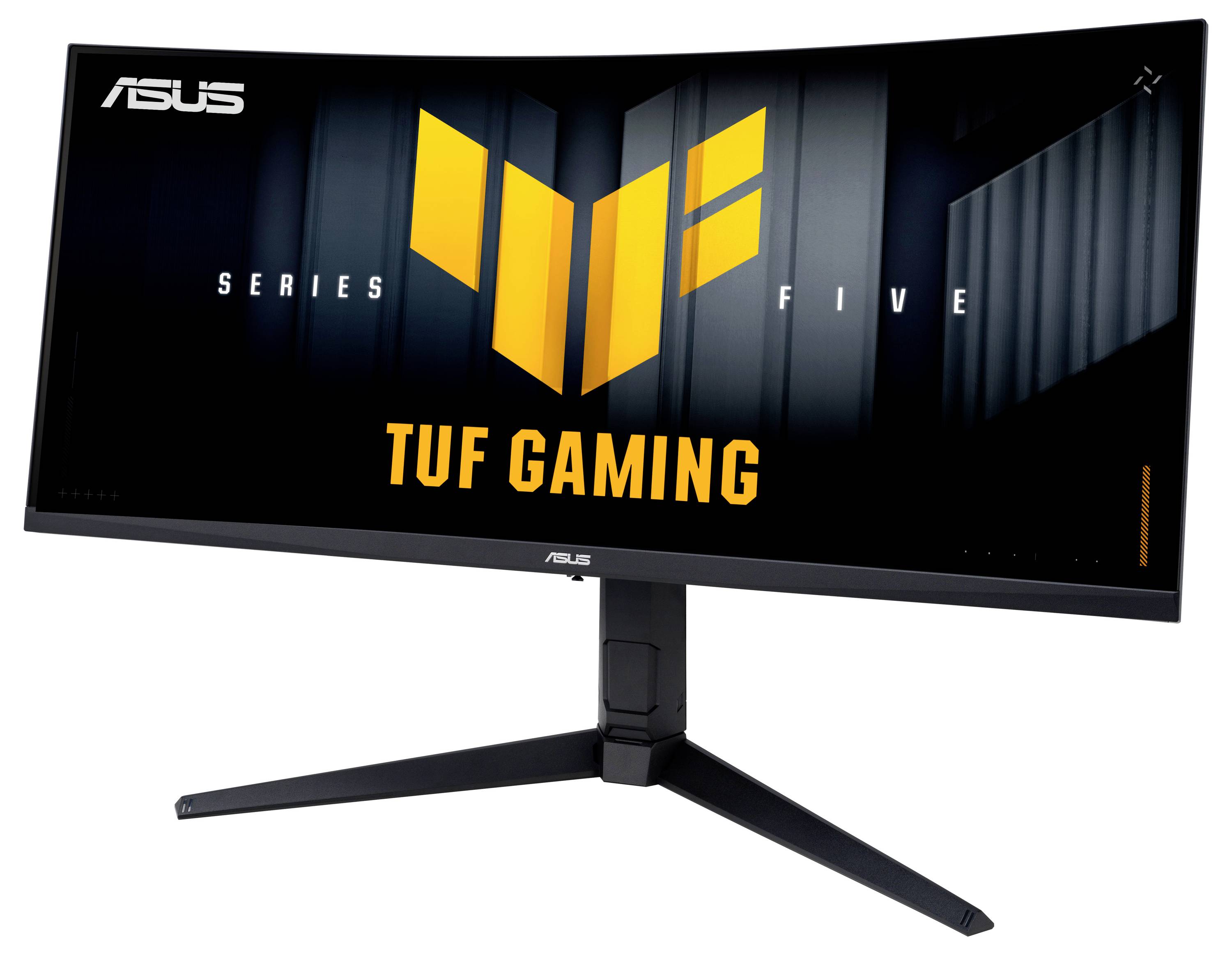 Monitor ASUS TUF Gaming Series Five se širokouhlou obrazovkou na stojanu, zobrazující černou obrazovku se žlutým logem TUF a textem "TUF GAMING".