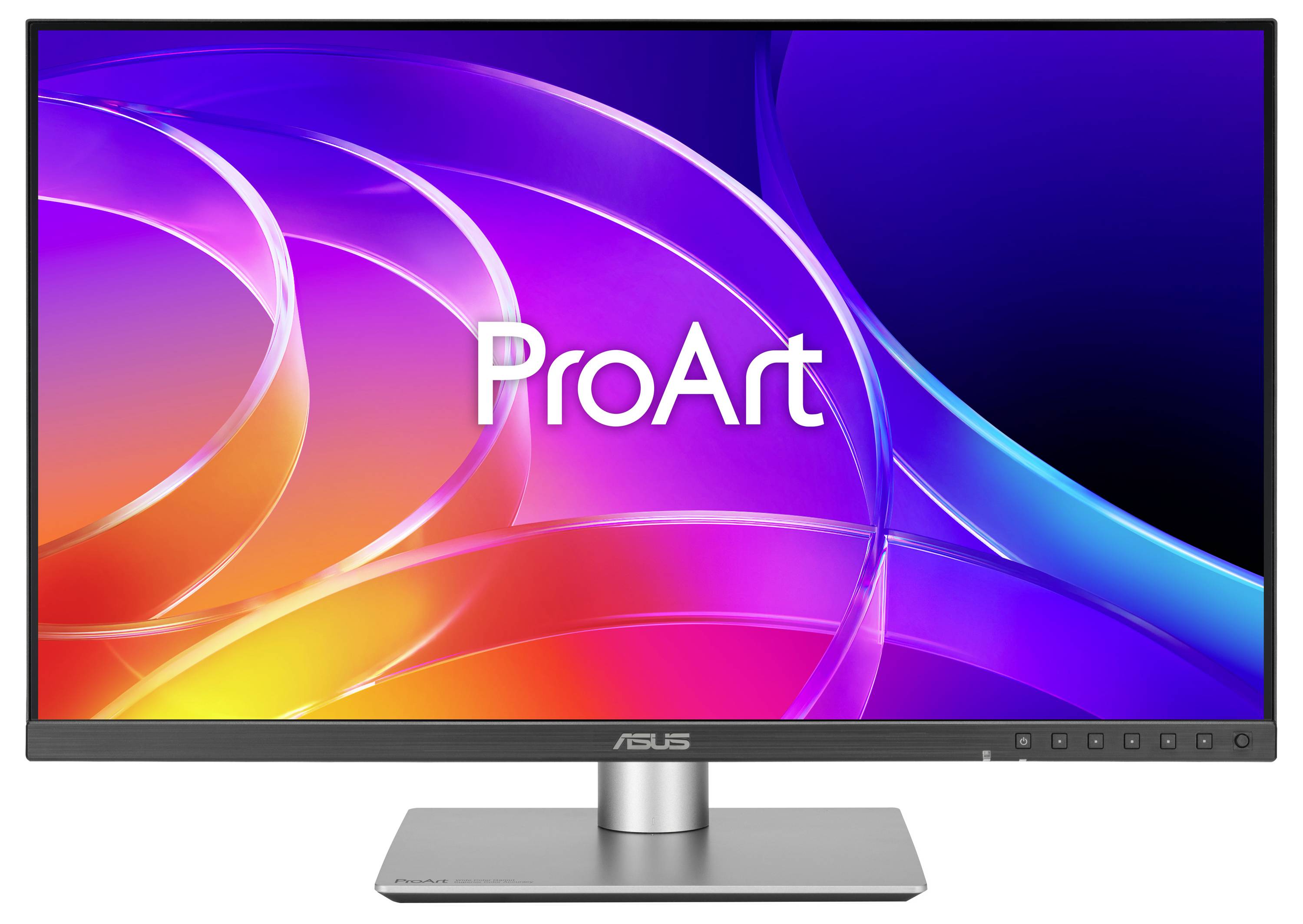 ASUS ProArt monitor zobrazující barevné abstraktní víření na bílém pozadí.