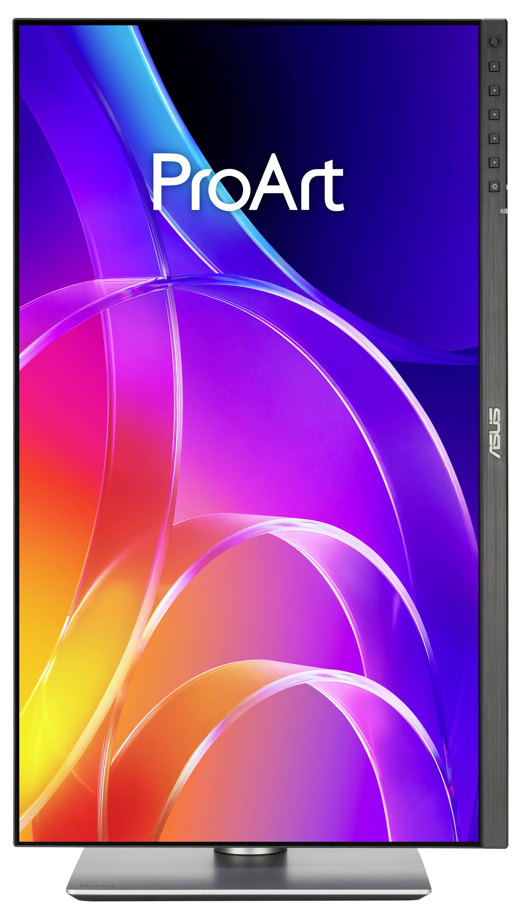 Monitor ASUS ProArt zobrazující barevný abstraktní displej, s logem "ProArt" na obrazovce a logem ASUS na rámečku