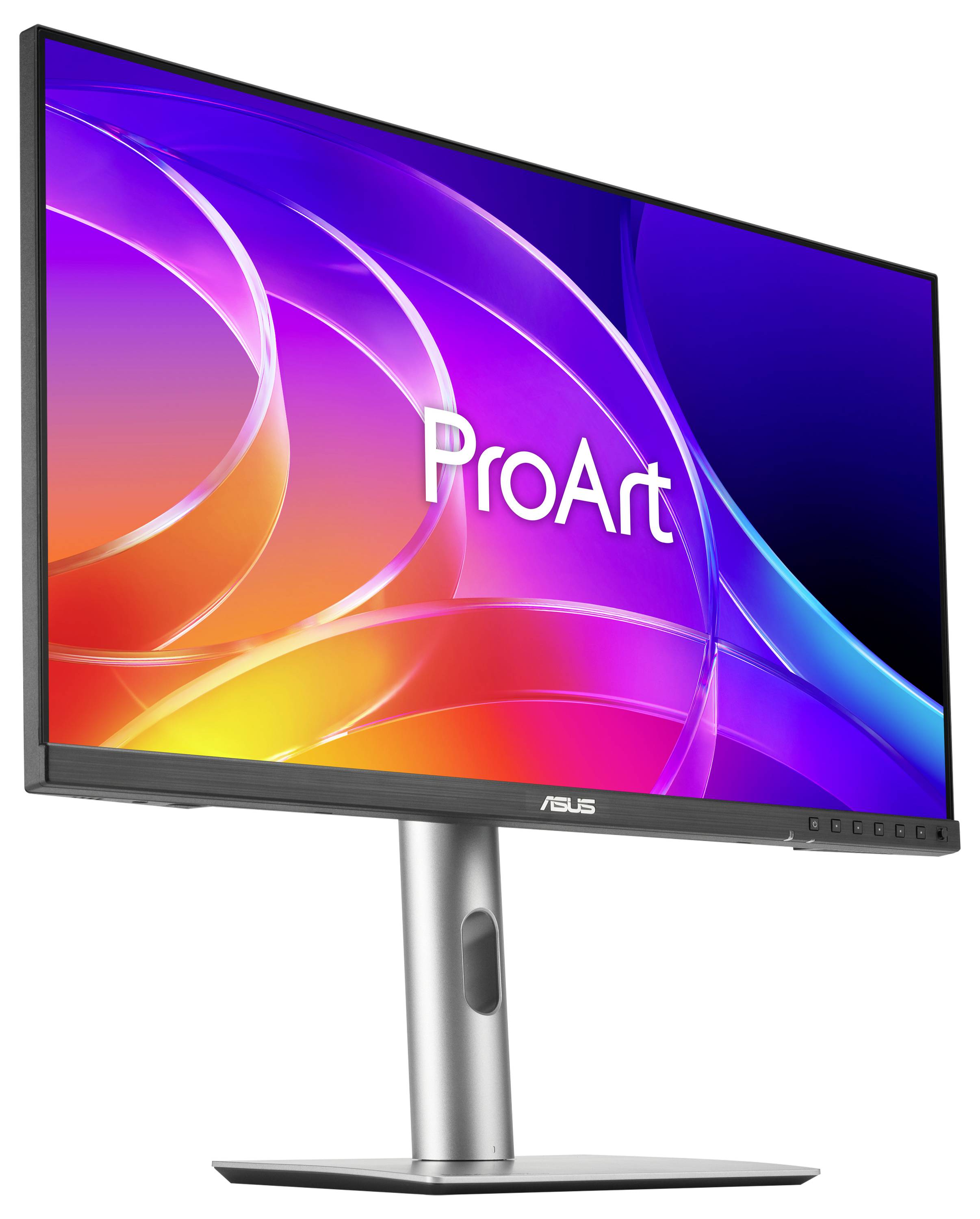 Monitor ASUS ProArt s pestrobarevným abstraktním zobrazením, umístěný na stříbrném stojanu na bílém pozadí.