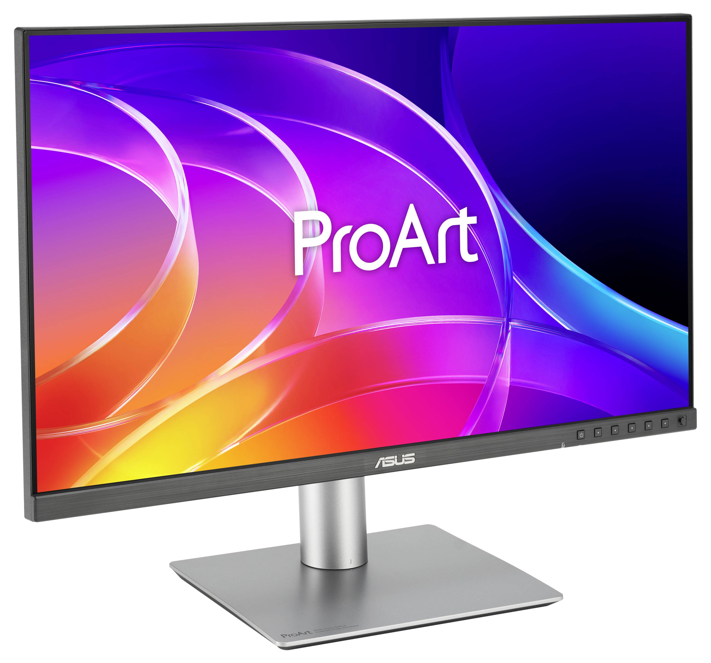 Monitor ASUS ProArt pro stolní počítač s barevným abstraktním zobrazením na stříbrném stojanu