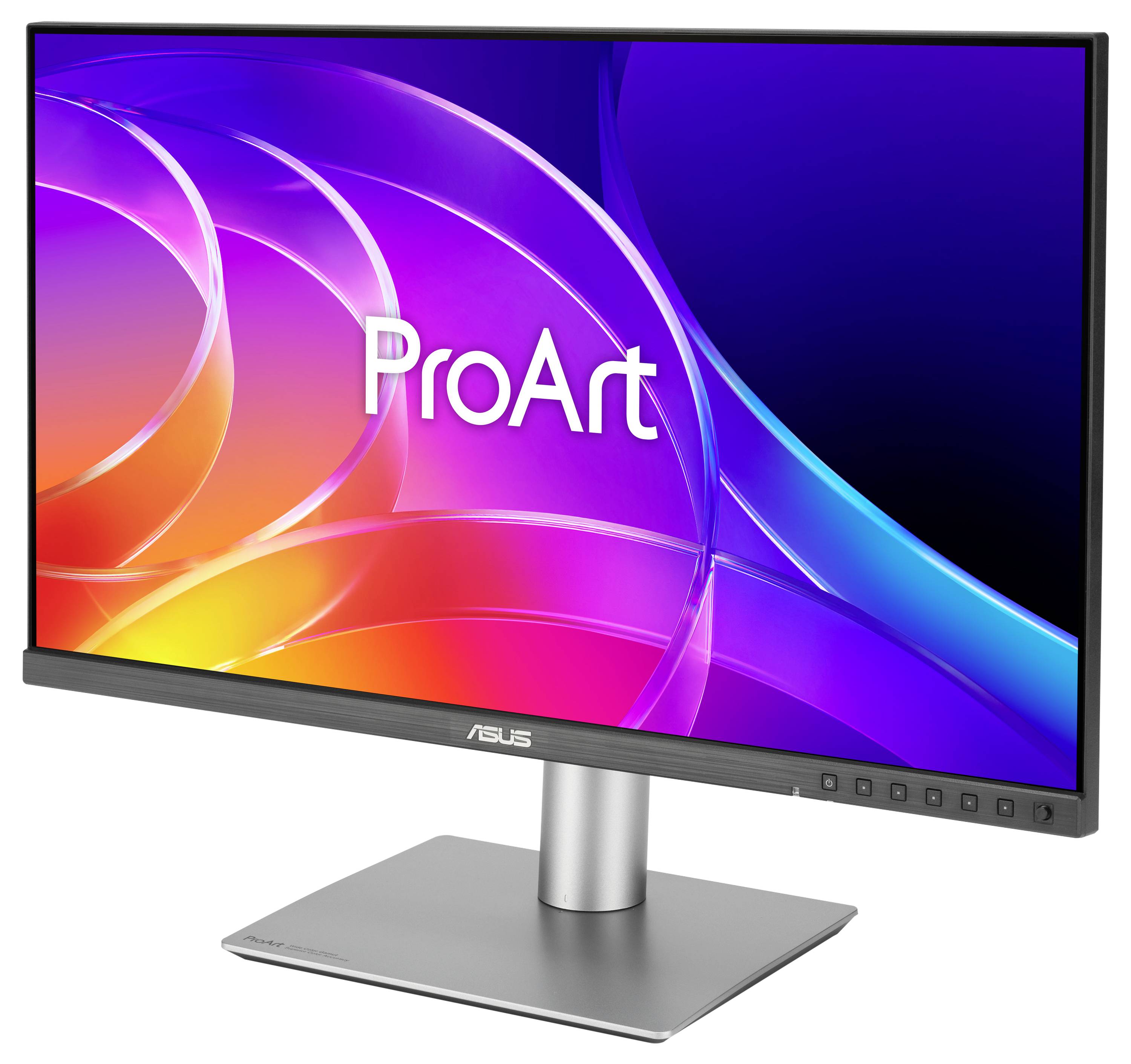 Monitor ASUS ProArt na stříbrném stojanu zobrazující barevnou abstraktní obrazovku s logem 'ProArt'.