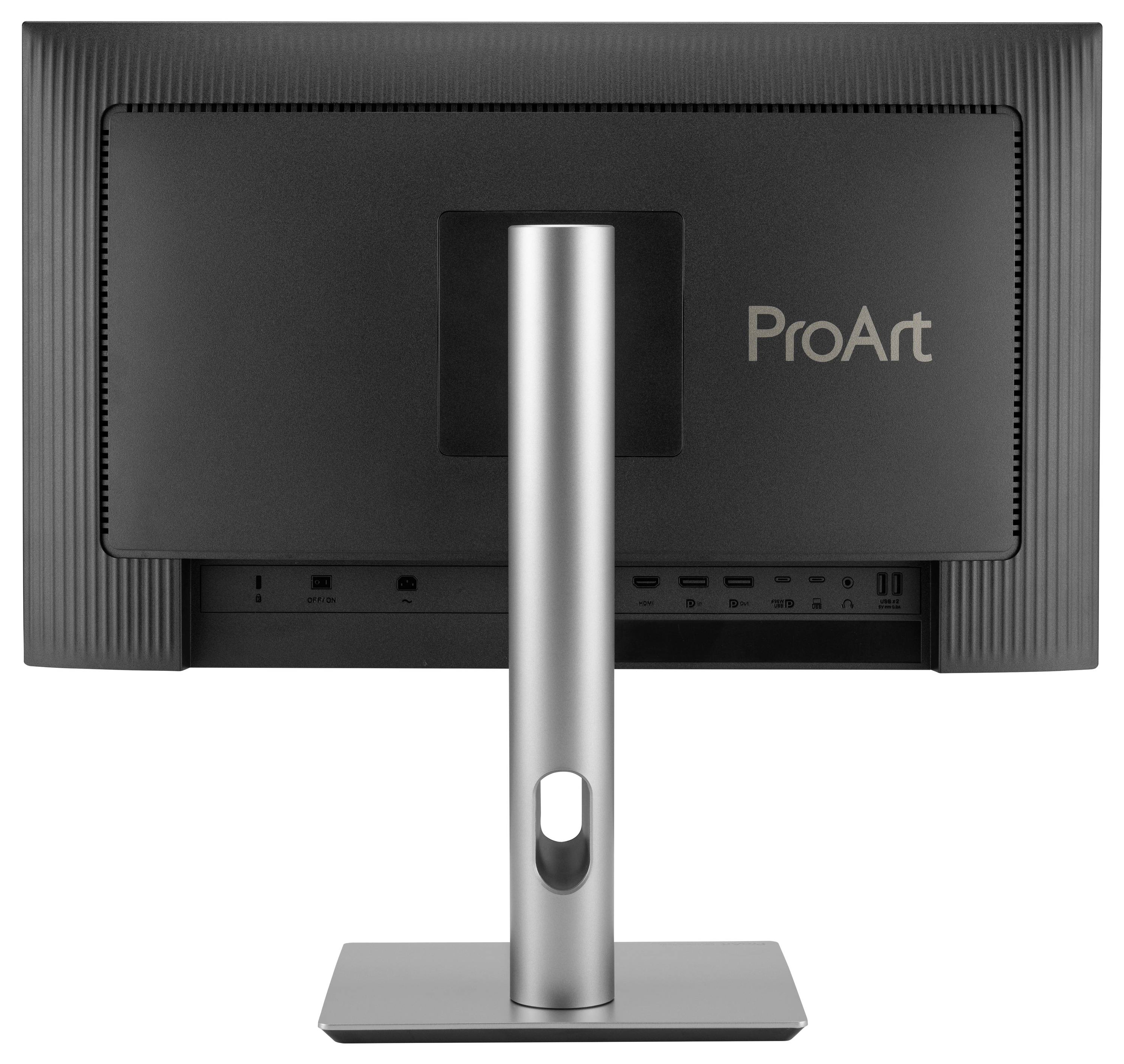 Zadní pohled na profesionální stolní monitor ProArt na stříbrném podstavci se zobrazením zadního panelu a konektorů pro připojení.