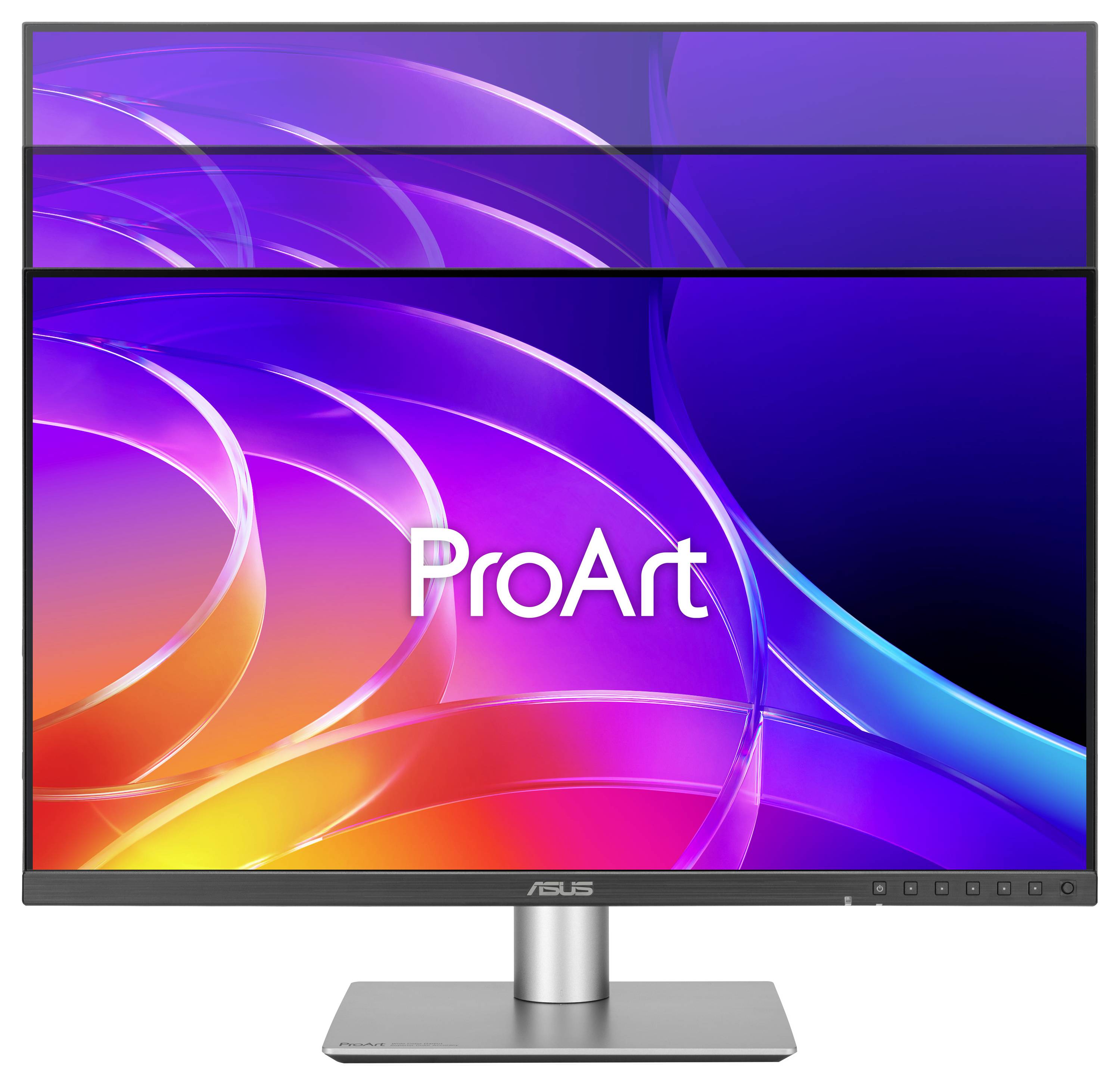 ASUS ProArt monitor zobrazující barevné abstraktní přechodové pozadí s logem ProArt vycentrovaným na obrazovce.