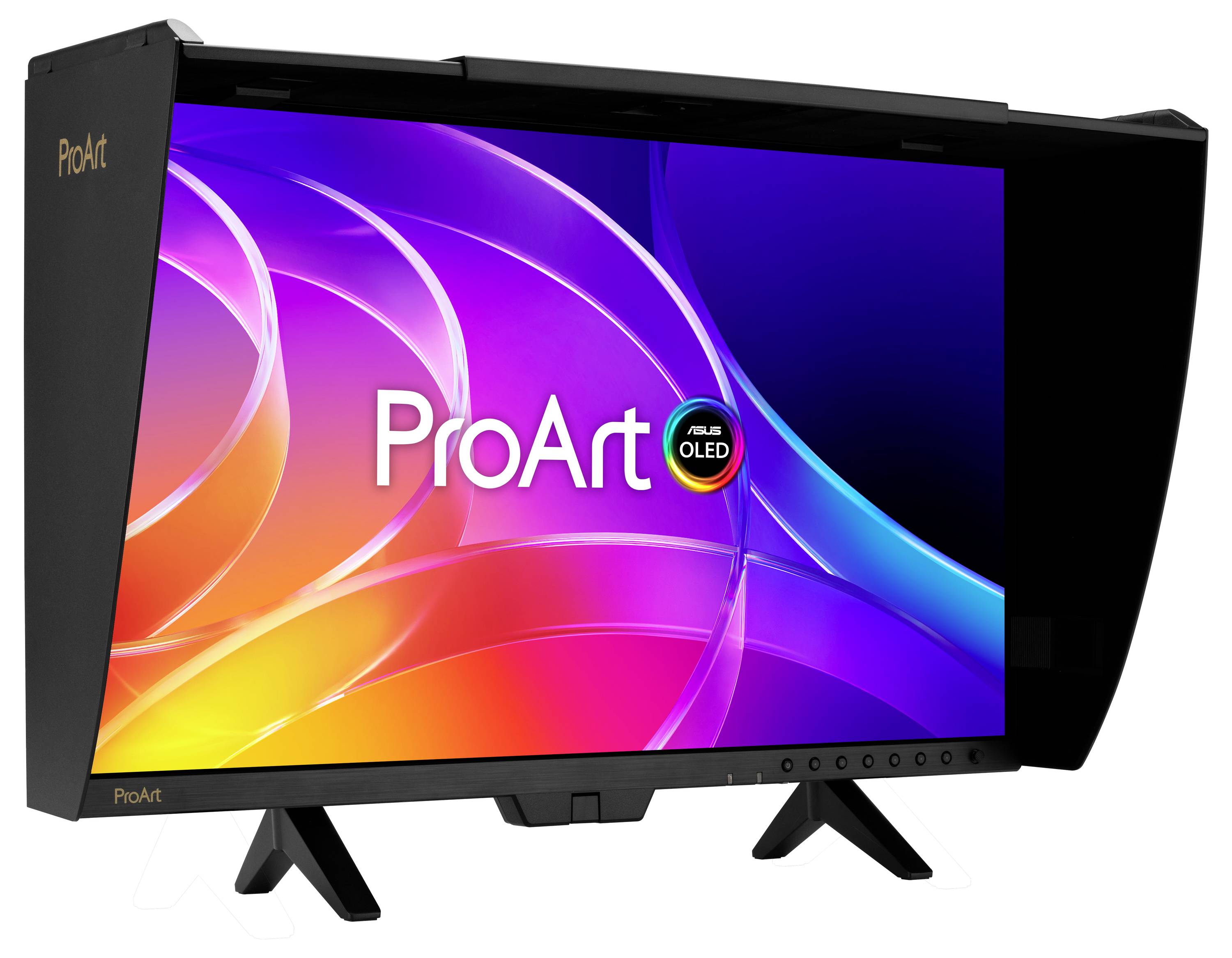 ASUS ProArt OLED monitor s pestrobarevným abstraktním zobrazením a postranním ochranným krytem pro snížení odrazu; studiový displej na stojanu.
