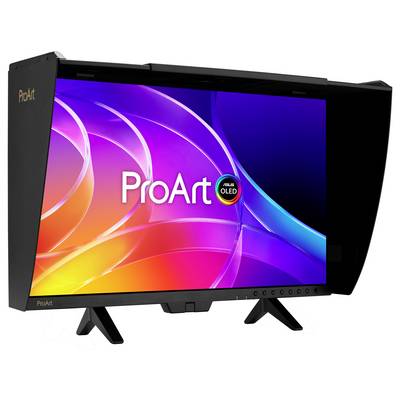 ASUS ProArt OLED monitor s pestrobarevným abstraktním zobrazením a postranním ochranným krytem pro snížení odrazu; studiový displej na stojanu.