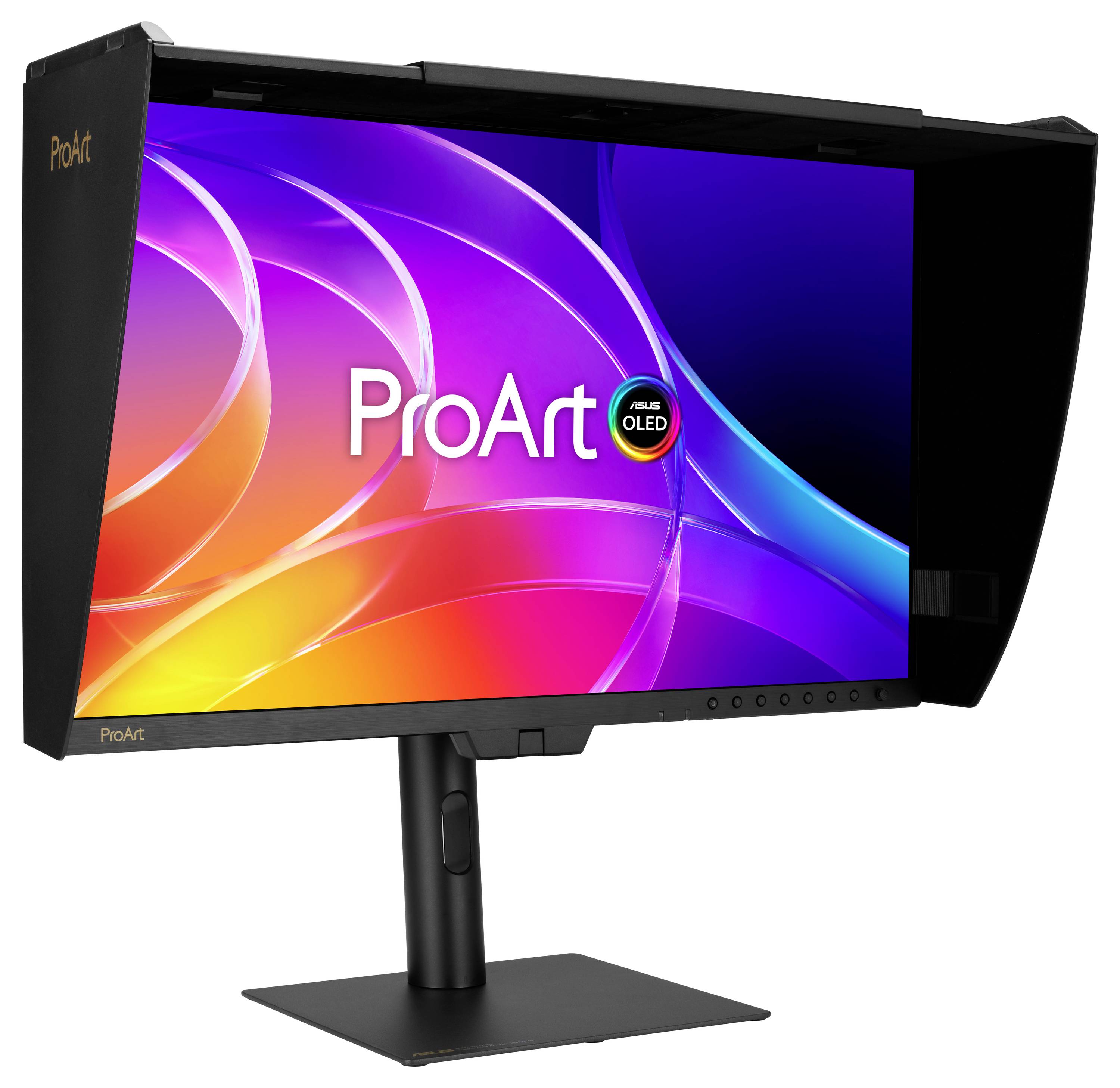 ASUS ProArt OLED monitor s černým ochranným krytím a stojanem, zobrazující barevný abstraktní obsah a logo "ProArt" na obrazovce.