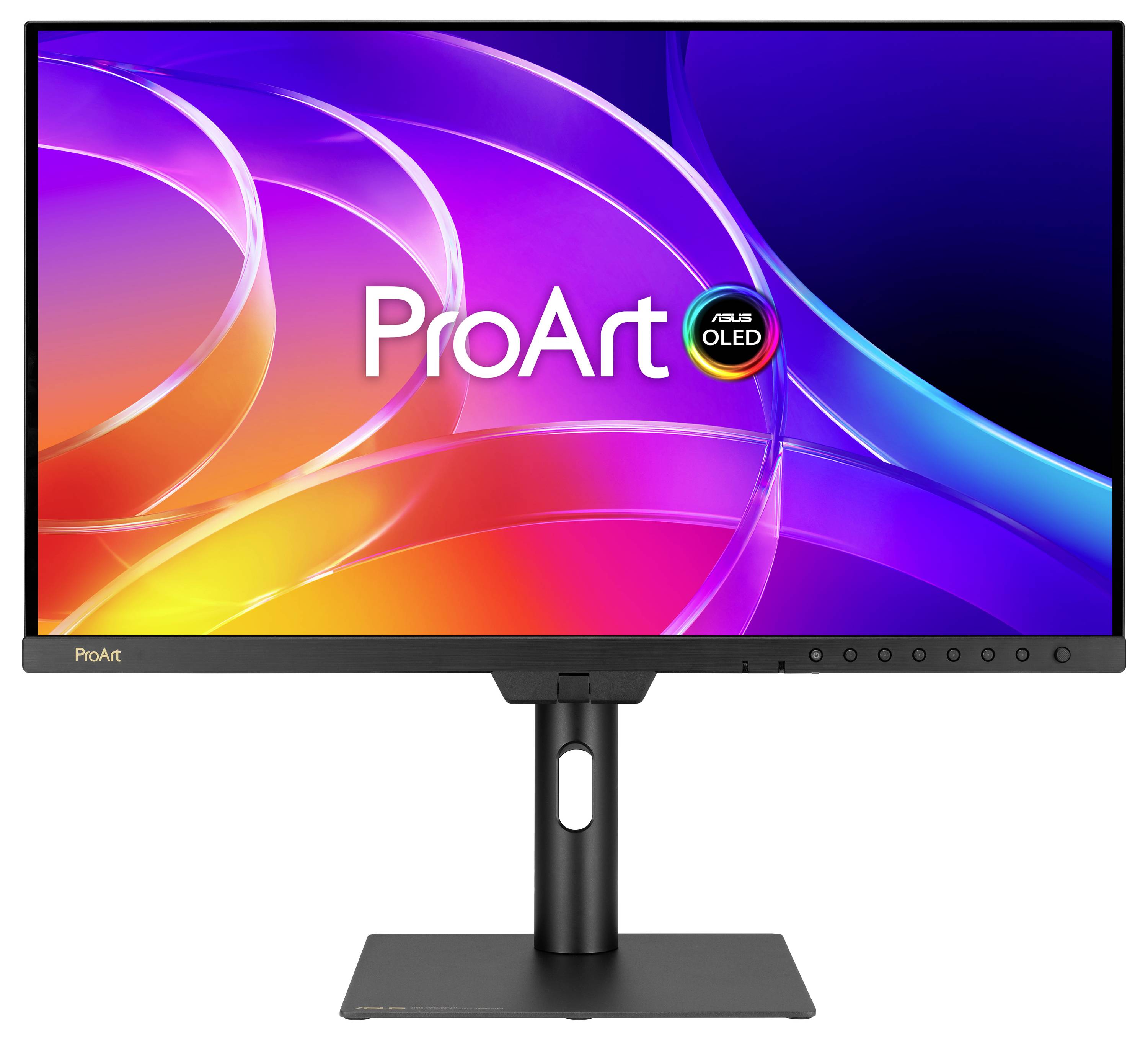 ASUS ProArt OLED monitor na stojanu, zobrazující barevný abstraktní obsah s textem "ProArt".