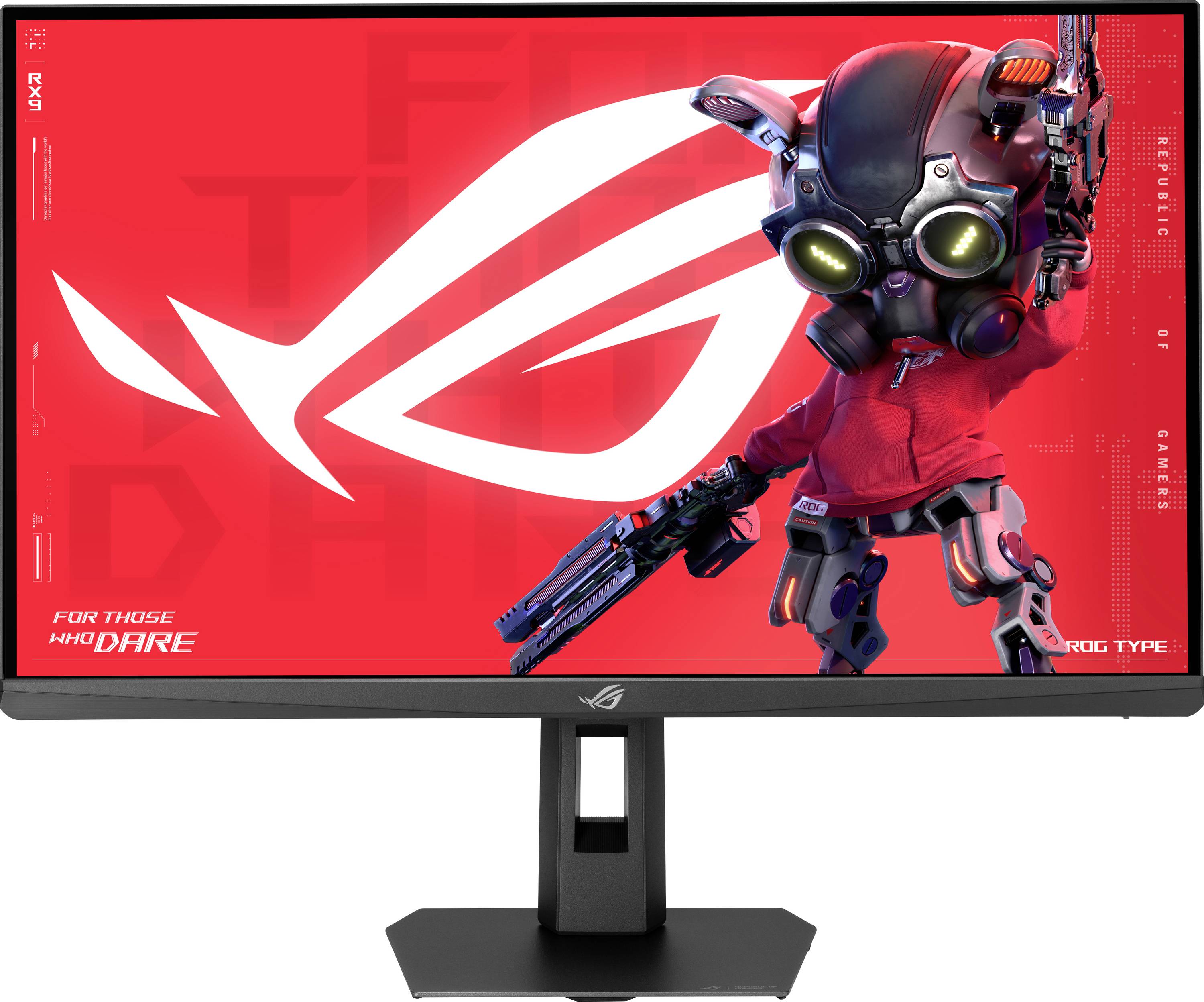 Herní monitor ROG zobrazující červené logo Republic of Gamers a stylizovanou postavu robota se textem "For those who dare" v levém dolním rohu.