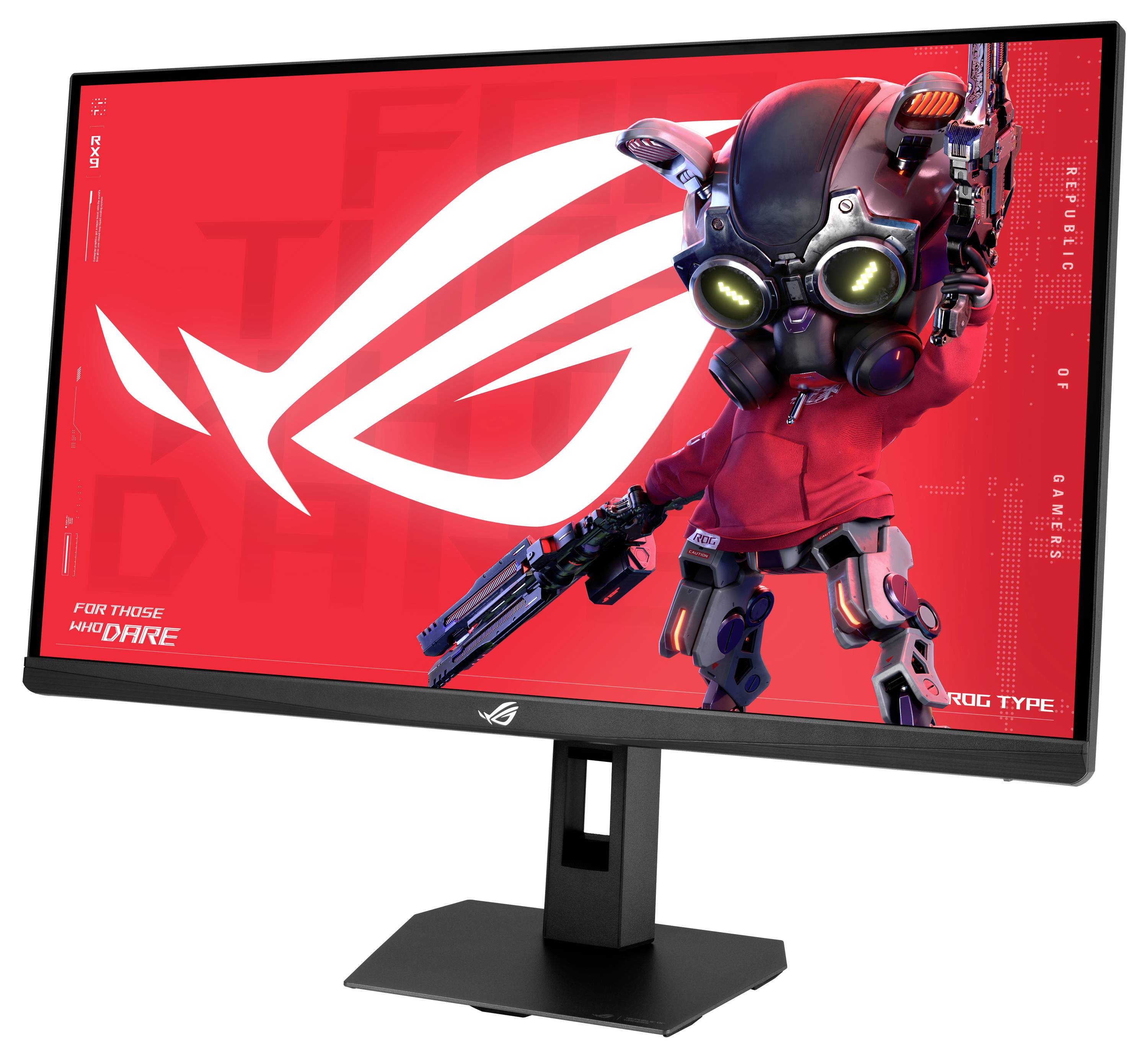 Monitor pro hraní s červeným pozadím ASUS ROG zobrazující stylizovanou postavu robota a logo ROG, umístěný na černém podstavci.