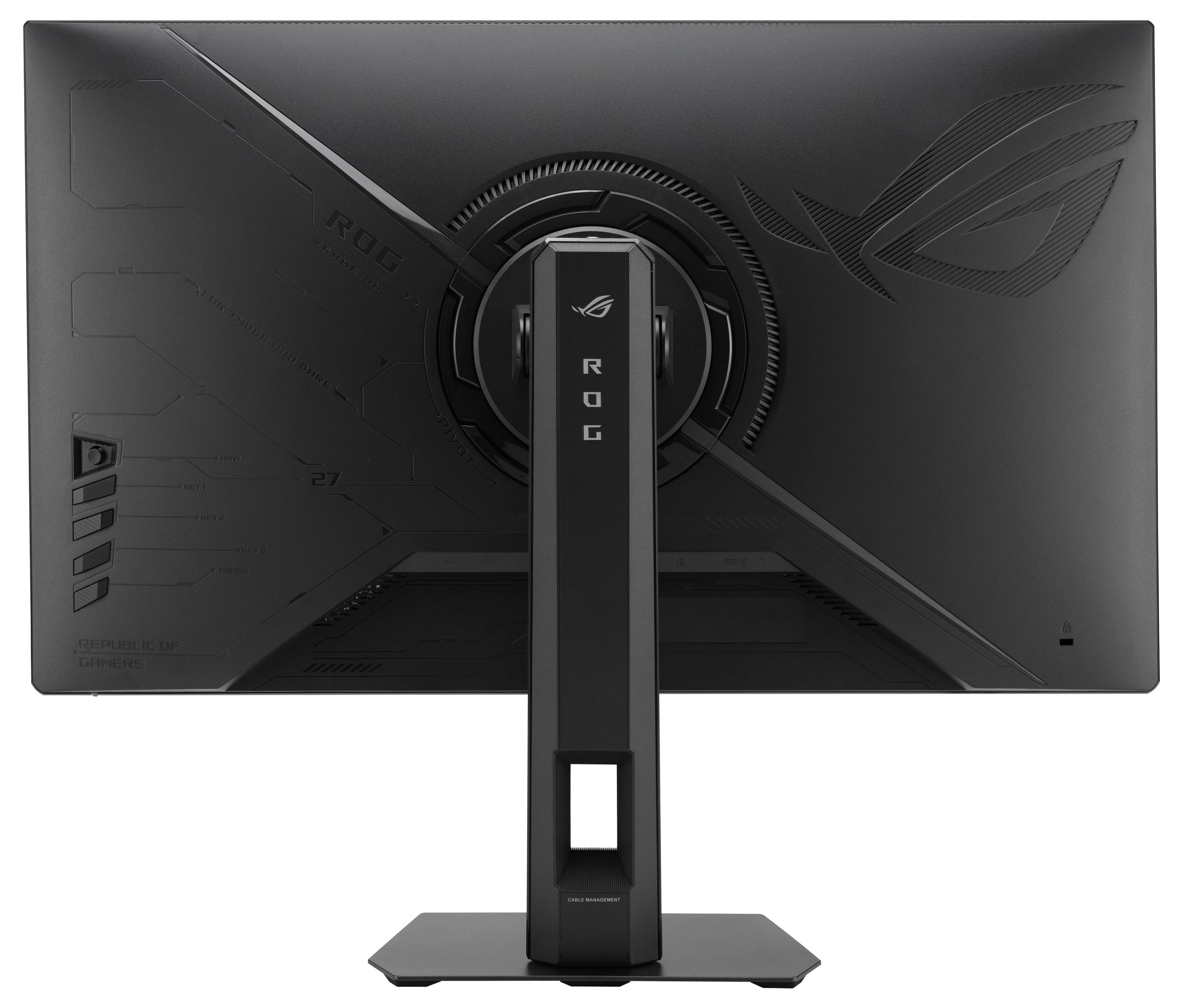 Zadní pohled na černý herní monitor ASUS ROG na stojanu, ukazující logo ROG a úhlový sci-fi design.