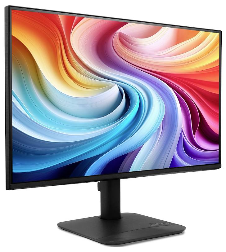 Černý stolní monitor zobrazující barevnou abstraktní vířící tapetu na stojanu proti bílému pozadí.
