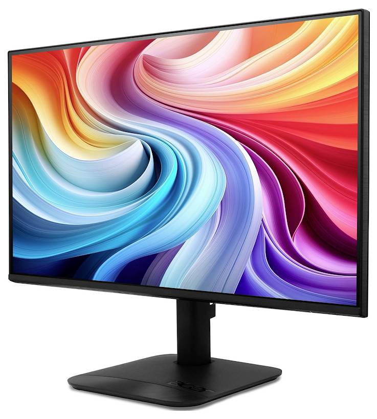 Moderní počítačový monitor s plochým panelem na stojanu zobrazující barevnou abstraktní papír s vírovým vzorem.