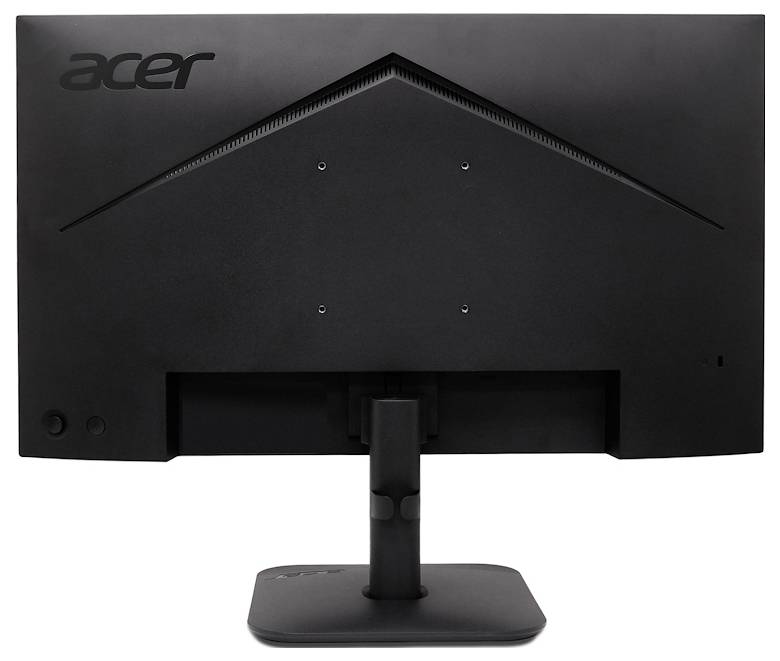 Zadní pohled na černý počítačový monitor Acer na stojanu, zobrazující zadní panel, montážní otvory a oblast kabelu na bílém pozadí.