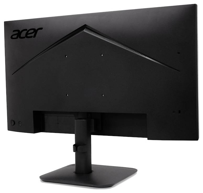 Zadní pohled na černý monitor Acer na stojanu, na kterém je vidět zadní panel a podstava na bílém pozadí.