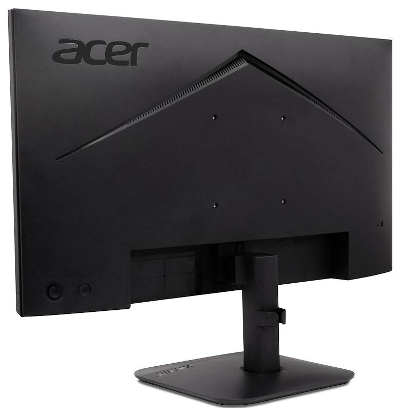 Zadní pohled na černý stolní monitor Acer na stojanu, zobrazující zadní panel a logo.