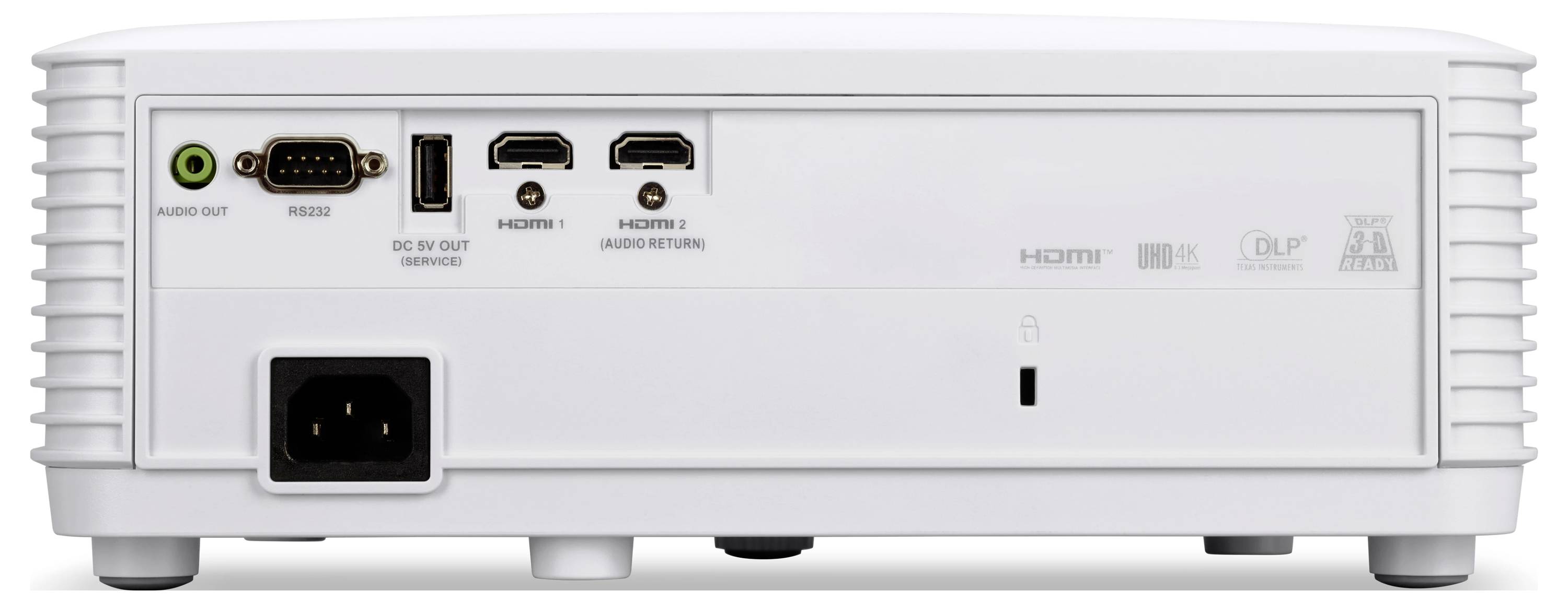 Zadní pohled na bílý projektor zobrazující porty a konektory: audio výstup, RS-232, USB servis, dva vstupy HDMI, napájecí vstup a stavový indikátor.