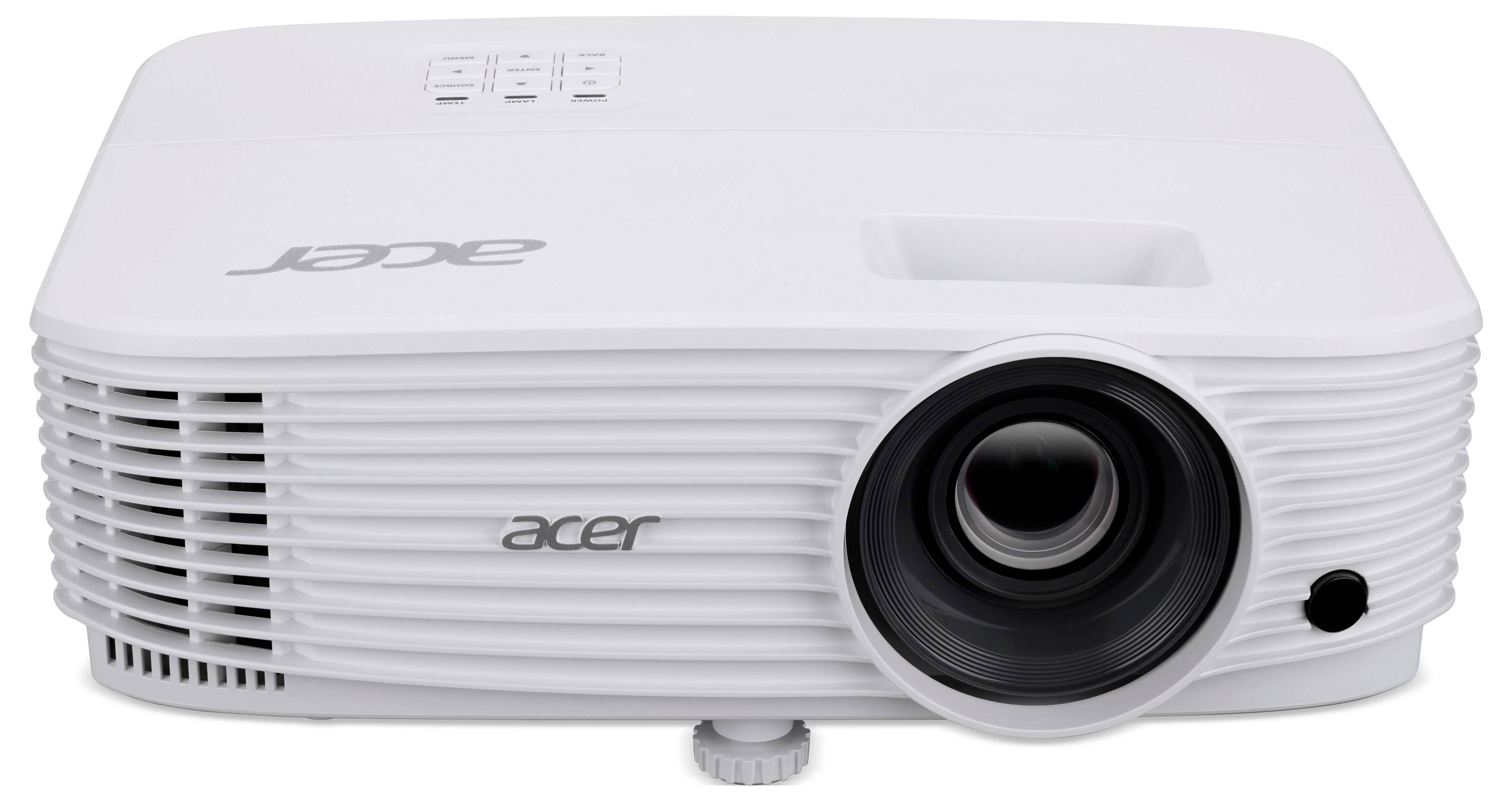 Bílý projektor Acer zobrazený zepředu s objektivem napravo a ventilační mřížkou nalevo.