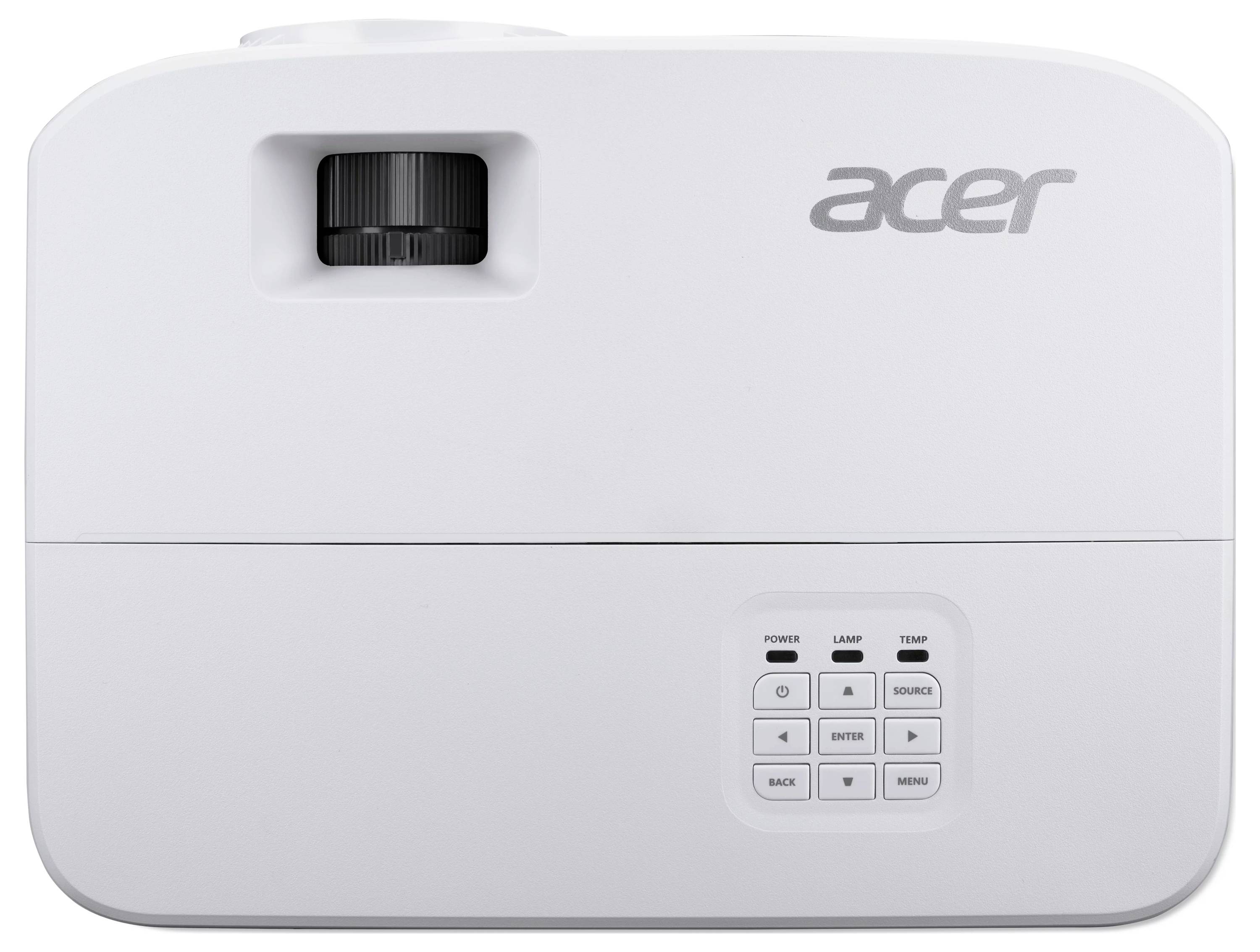 Bílý projektor Acer s objektivem v levém horním rohu a ovládacími tlačítky v pravém dolním rohu.