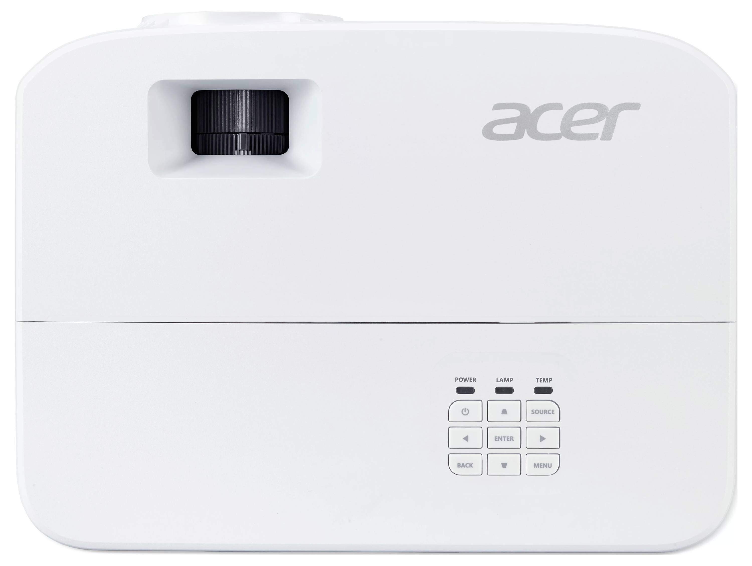 Bílý projektor Acer zobrazený z horního pohledu s objektivem na levé straně a ovládacími tlačítky v dolní pravé části.