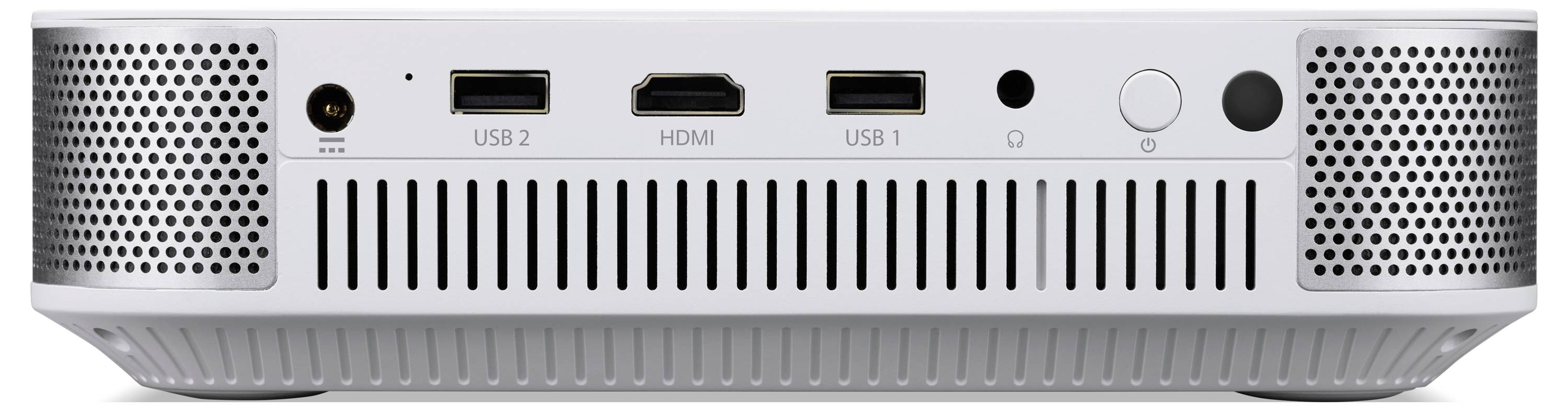 Zadní panel malého projektoru se dvěma mřížkami reproduktorů, USB 2, HDMI, USB 1, audio jack, tlačítkem napájení a ventilačními otvory.