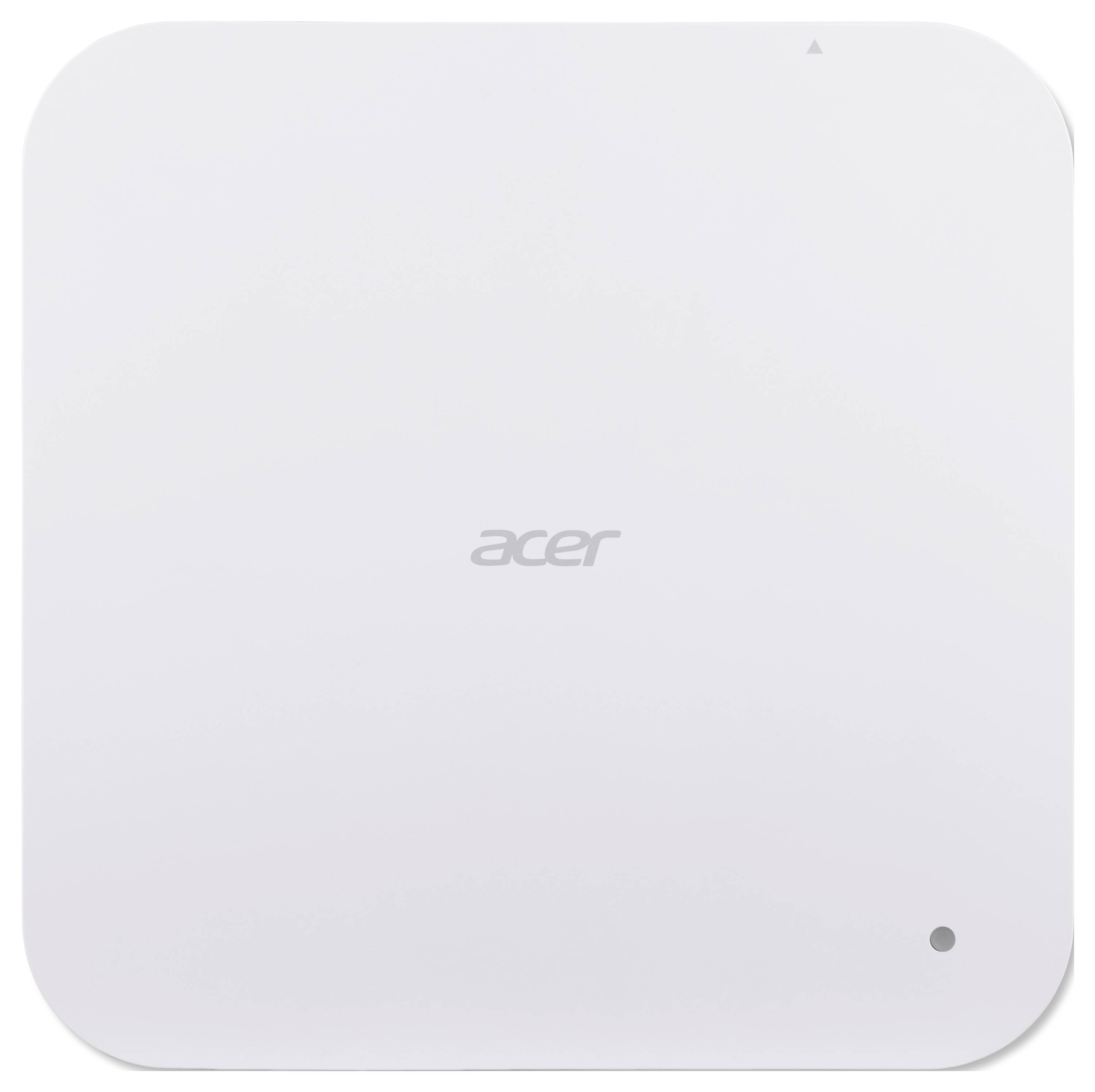 Bílé zařízení Acer čtvercového tvaru se zaoblenými rohy, centrované logo, malý indikátor nahoře a tlačítko nebo senzor poblíž spodního pravého rohu.