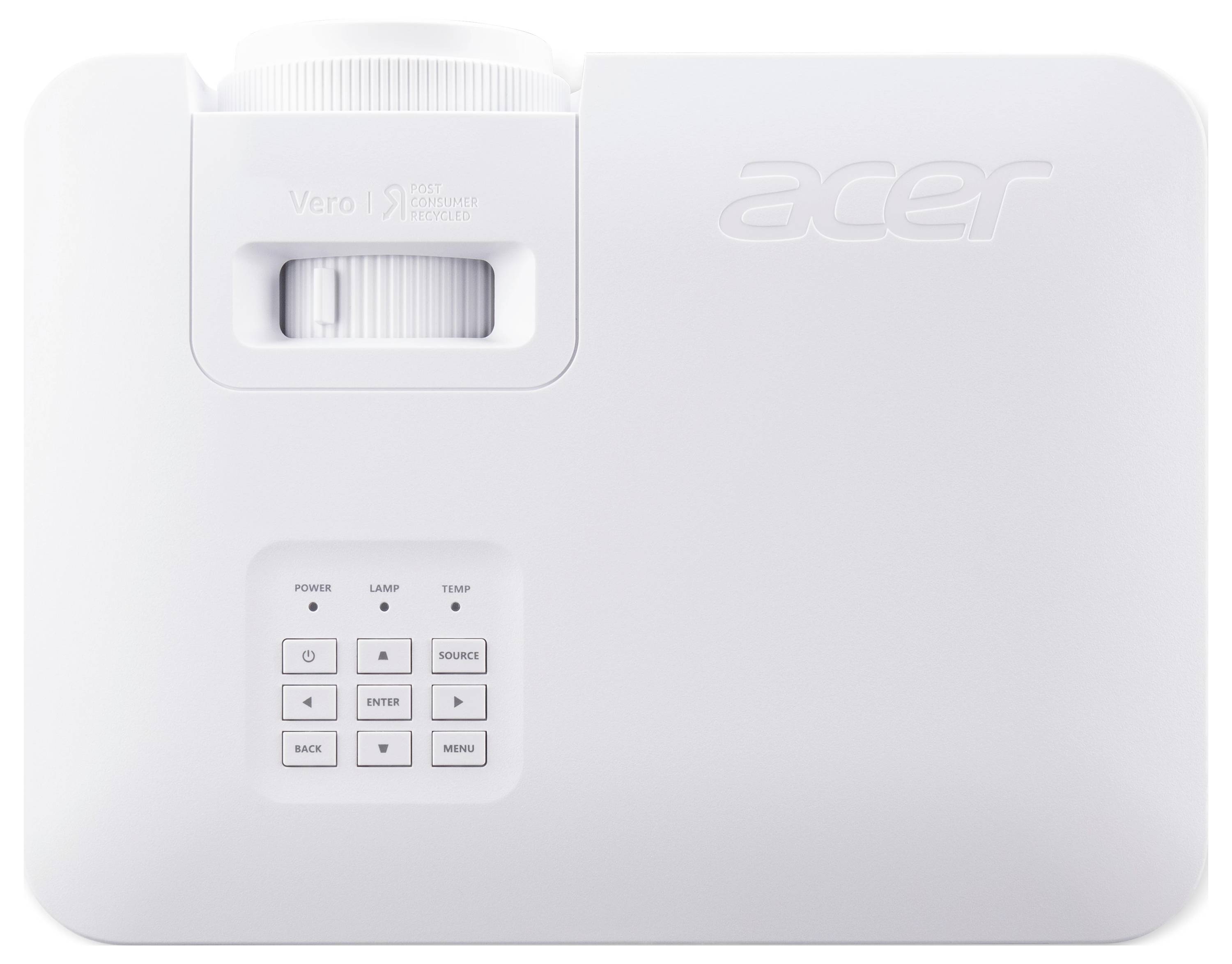 Pohled shora na bílý projektor Acer s viditelnou čočkou, ovládacími tlačítky a nastavitelným kolečkem pro ostření/přiblížení.