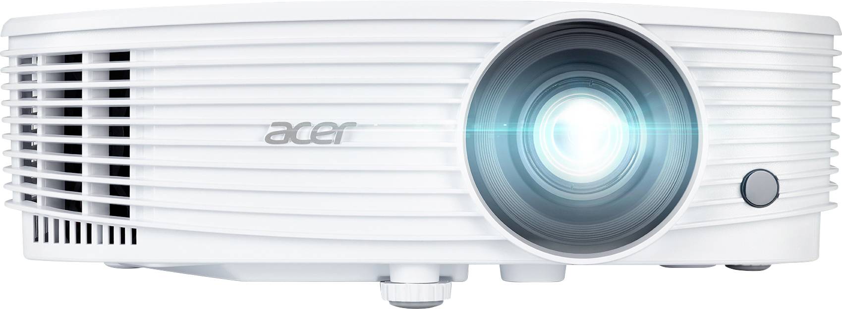 Přední pohled na bílý projektor Acer se svítícím objektivem a větraným mřížkou.