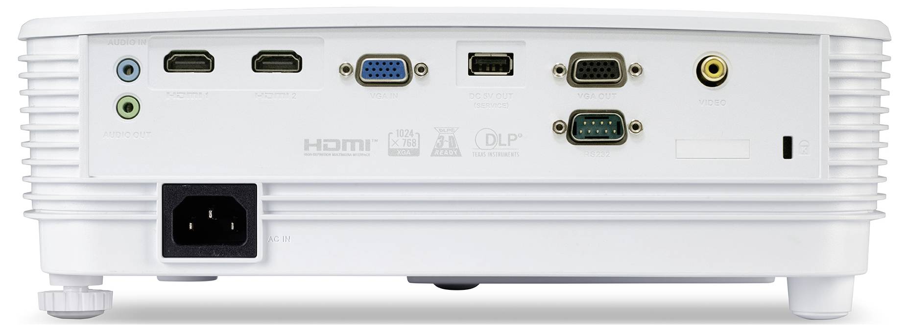 Zadní pohled na bílý projektor zobrazující vstup napájení, porty HDMI, VGA, sériový a audio/video konektory.