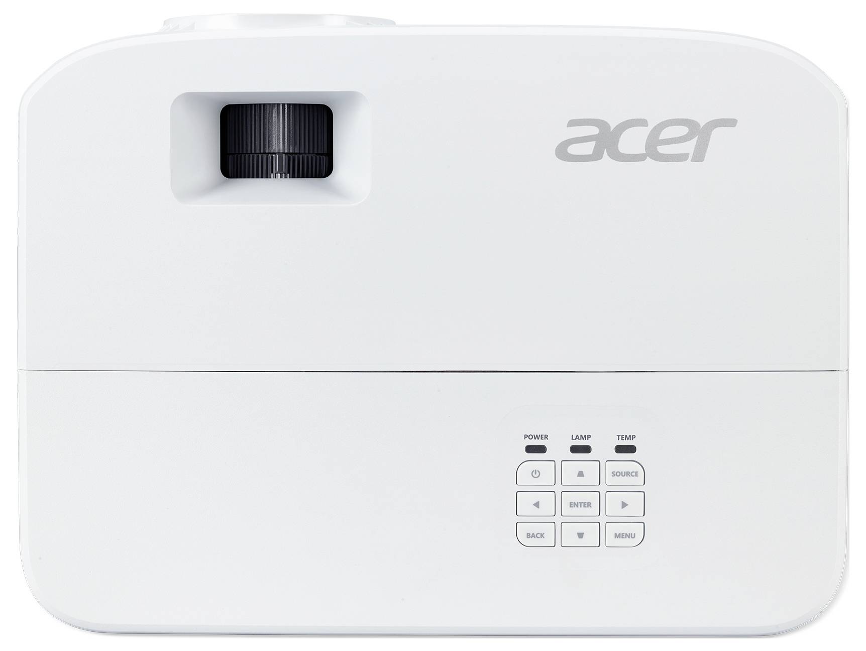 Bílý projektor Acer zobrazený shora s objektivem vlevo a ovládacími tlačítky vpravo dole.
