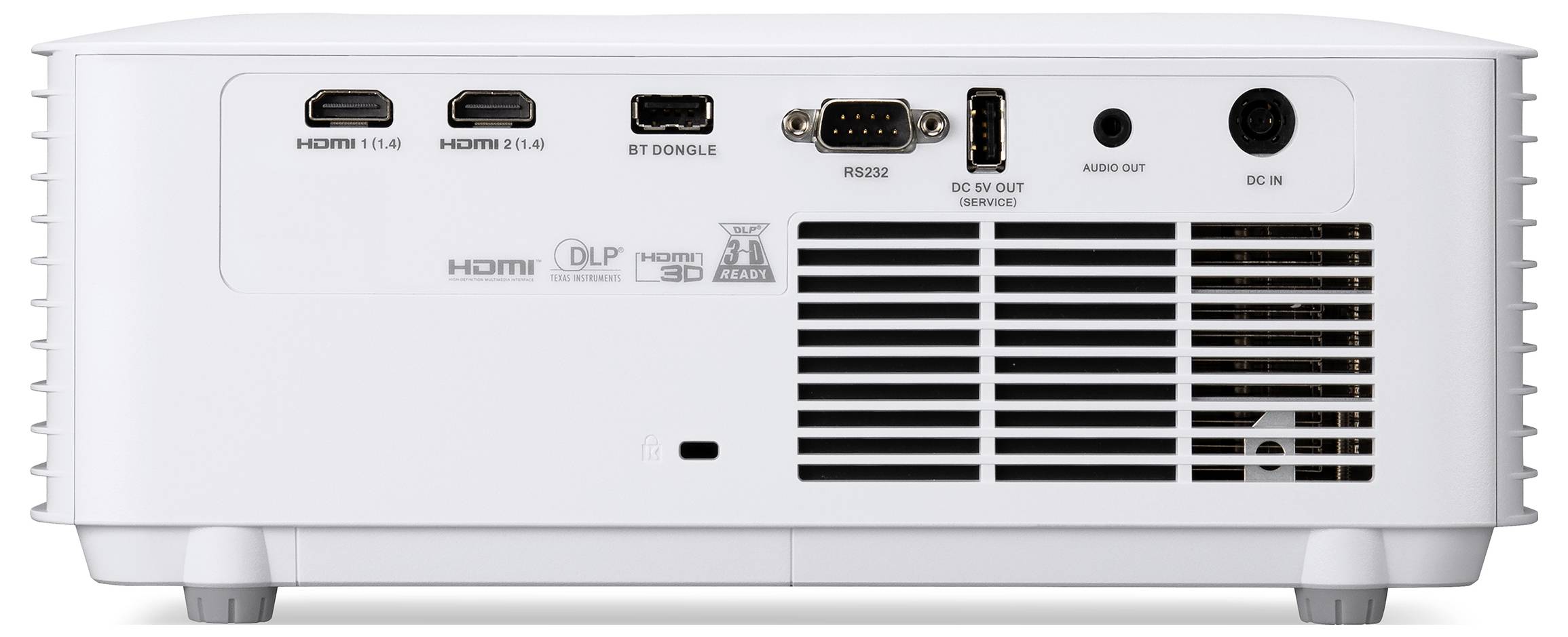 Zadní pohled na bílý projektor ukazující porty připojení: dva vstupy HDMI, BT dongle, RS232, DC 5V výstup, audio výstup a DC vstup vedle velkých větrací mřížek.