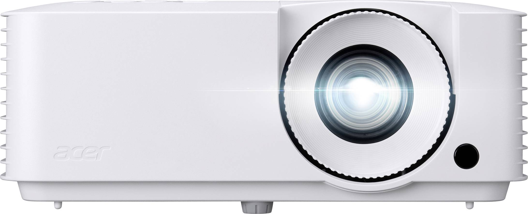 Bílý projektor Acer s velkým objektivem na pravé straně, zobrazený zepředu na jednobarevném pozadí.