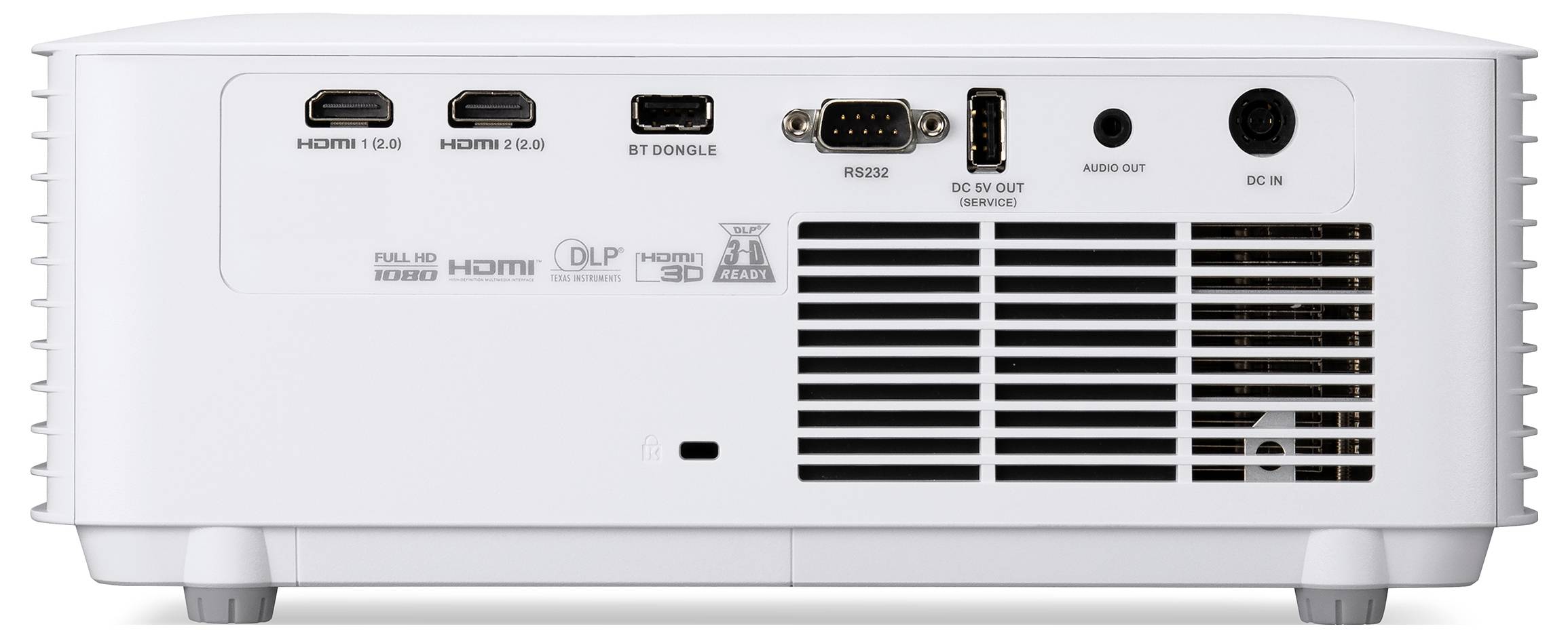 Zadní pohled bílého projektoru ukazující porty HDMI 1.4, HDMI 2.0, BT dongle, RS232, DC 12V, audio out a DC in, plus mřížka ventilace.