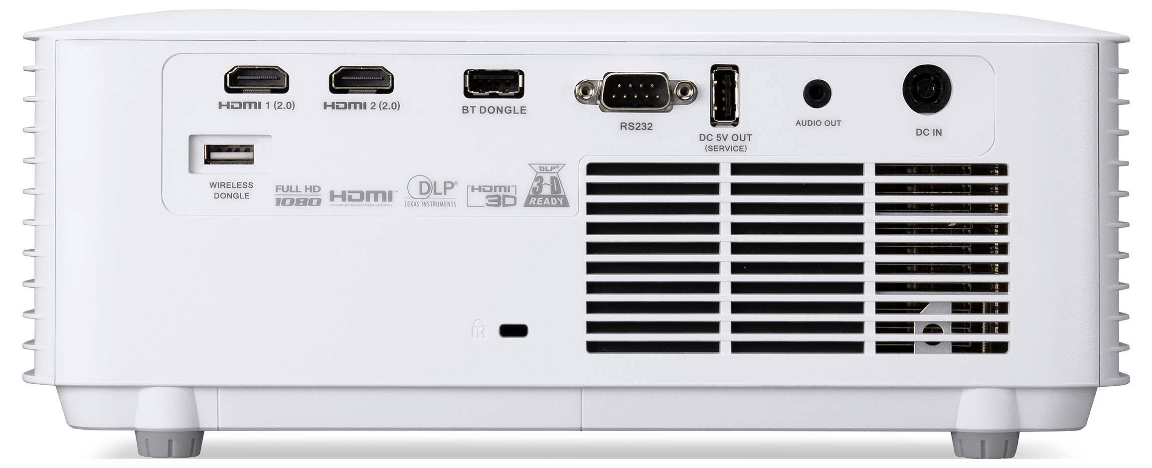 Zadní pohled na bílý projektor s porty HDMI, USB, Bluetooth dongle, sériový port, DC 5V, audio out a DC in plus větrací mřížka.
