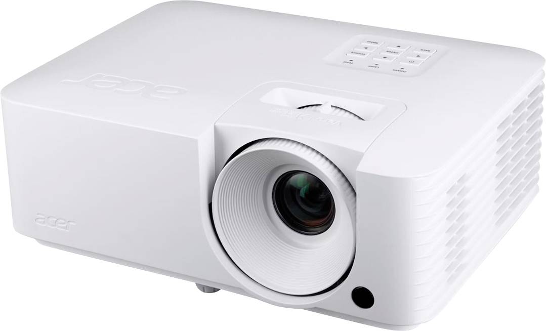 Bílý projektor Acer zobrazený zepředu s viditelnou čočkou, ovládacími tlačítky a bočními větrací otvory na jednoduchém pozadí.
