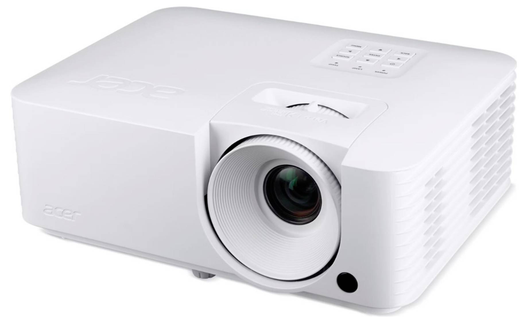 Bílý projektor Acer zobrazený v úhlu, se zřetelným objektivem, ovládacím panelem a větranou stranou.