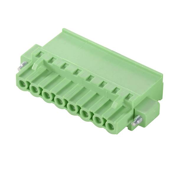 Zelený vícekolíkový konektor elektrického vedení s šroubovými svorkami, zobrazený na bílém pozadí.