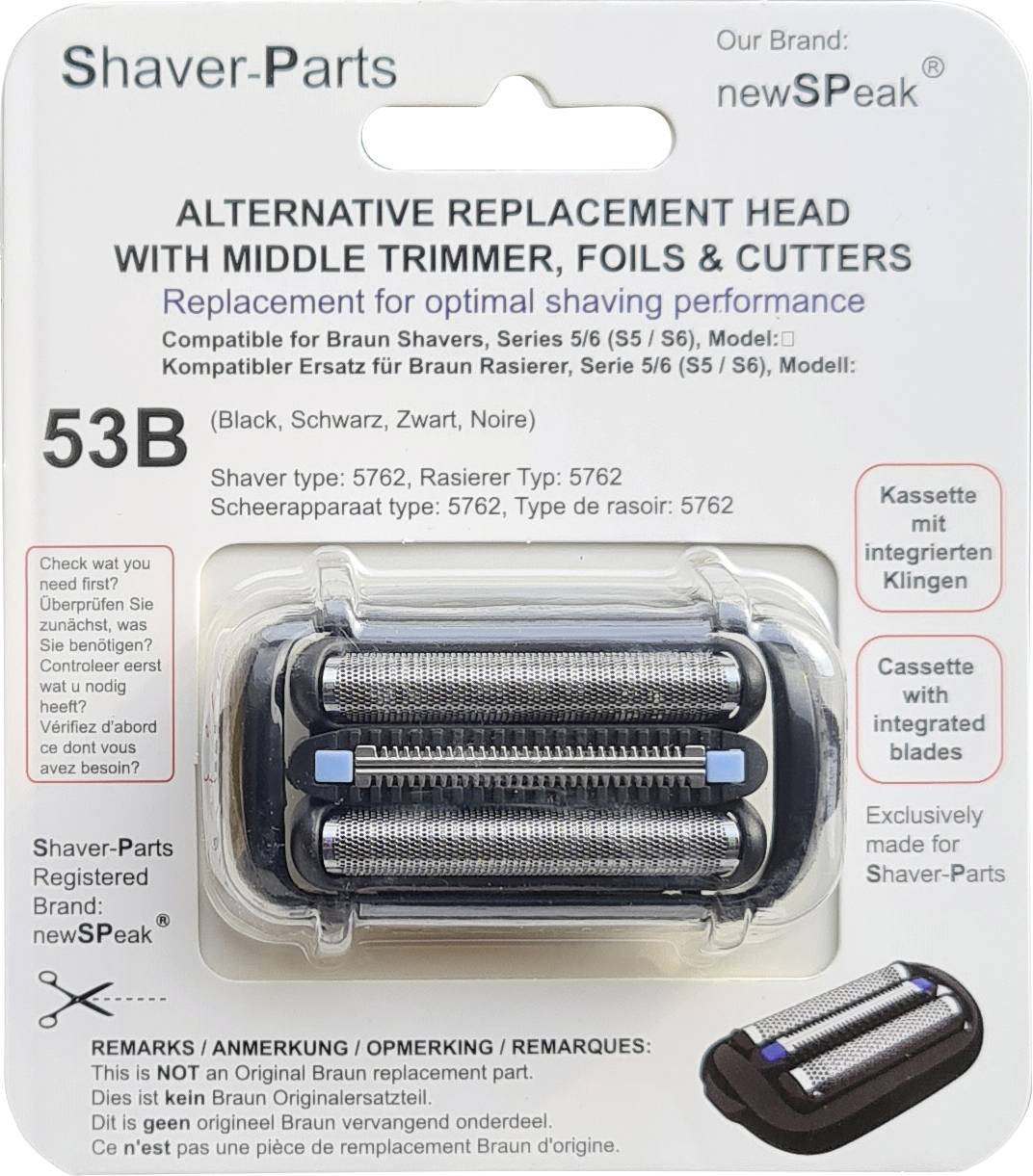 Balící jednotka Shaver-Parts s náhradní hlavicí pro holící strojky Braun 53B, obsahující kazetu s fólií a střihačem s integrovanými trimovacími čepelemi.